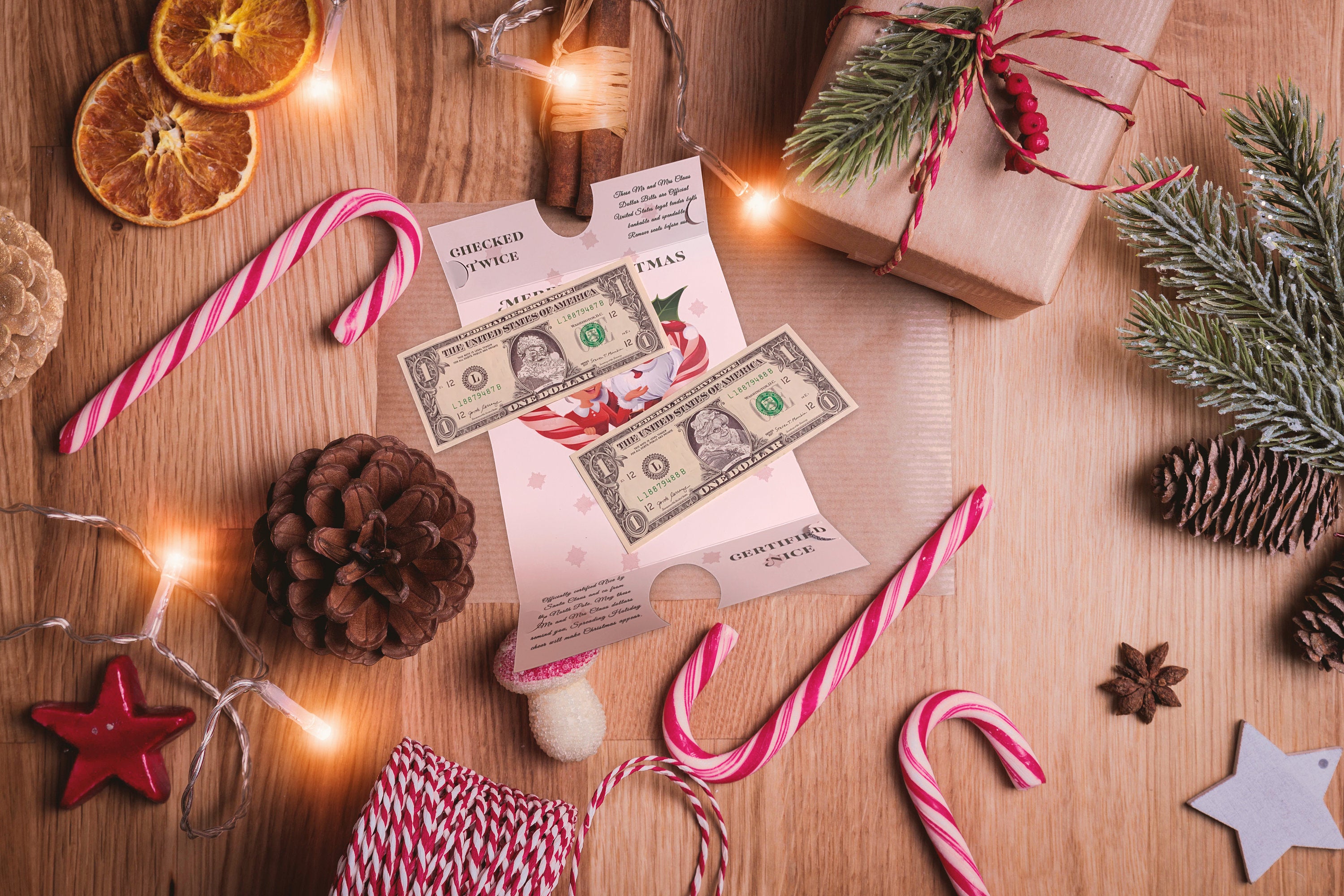 Mr and Mrs Claus Dollar Bill Perfect Stocking Stuffer Complete Gift Christmas Gift Package with Holiday Greeting Card