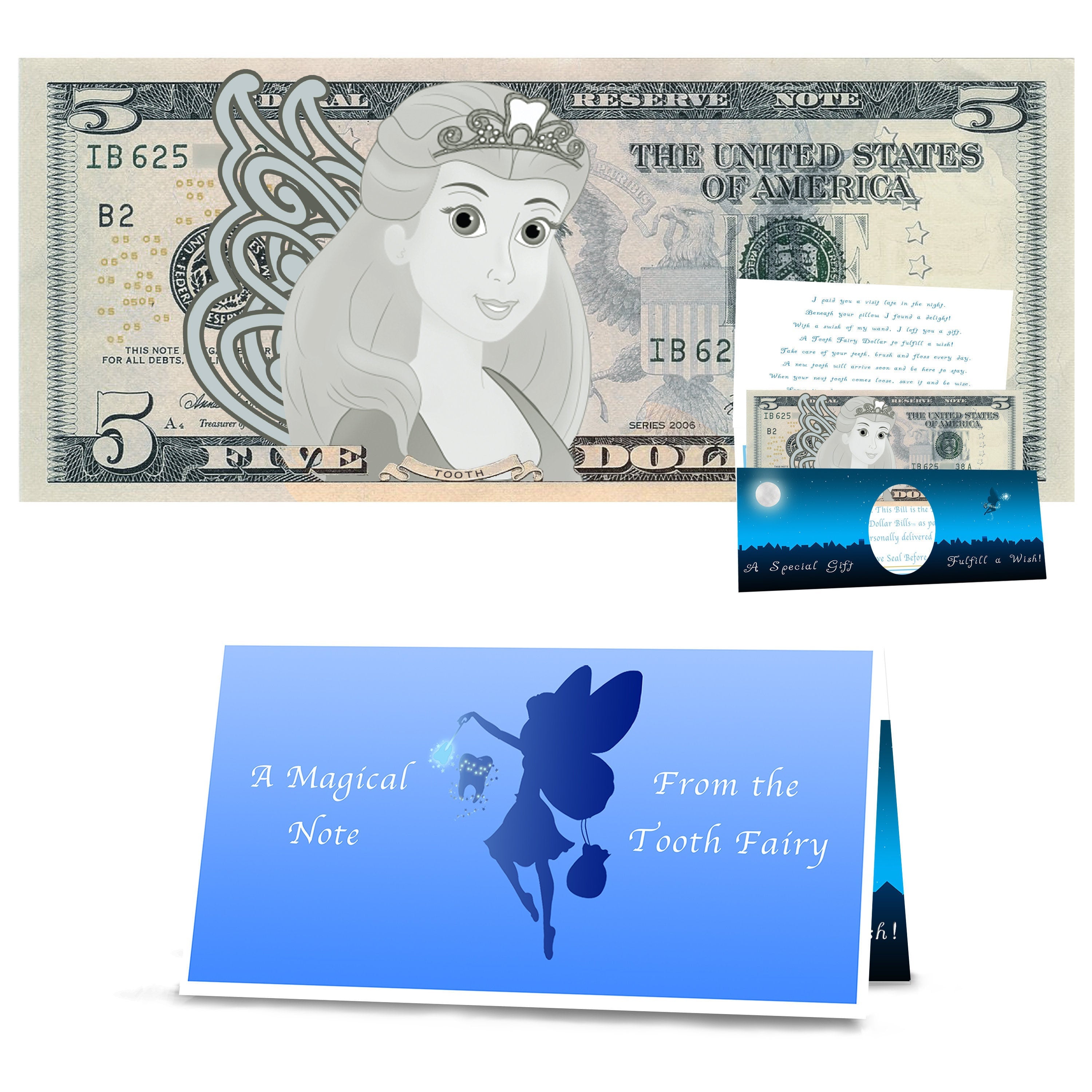 Tooth Fairy 5.0 Dollar Bill Tooth Fairy Gift withTooth Fairy Letter/Card. REAL USD. The Complete Tooth Fairy Visit Gift Package