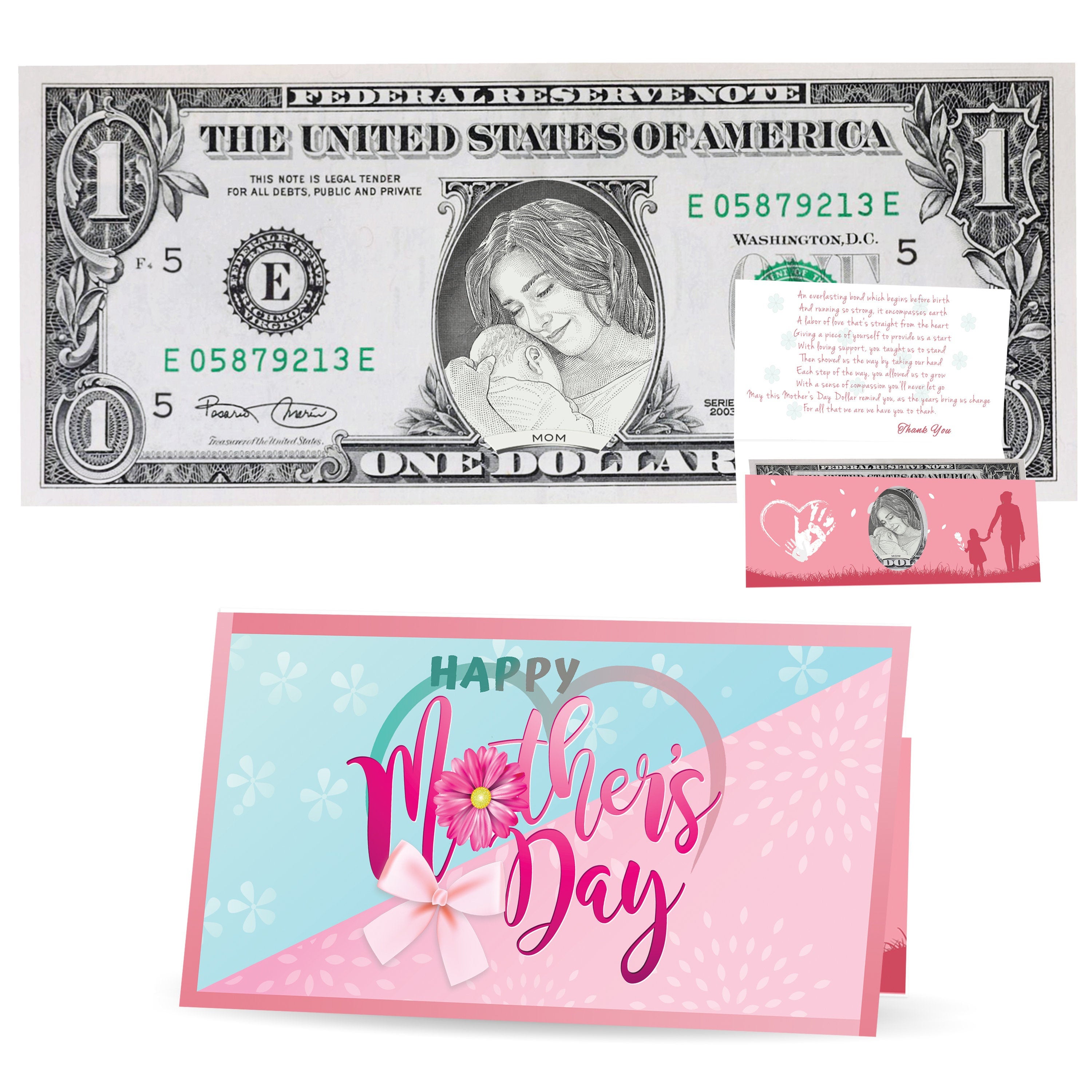 Mother's Day Card Gift & Official Dollar Bill. Real 1.0 USD. Each Bill Comes with a Mother's Day Card, Currency Holder and Thank You Mom