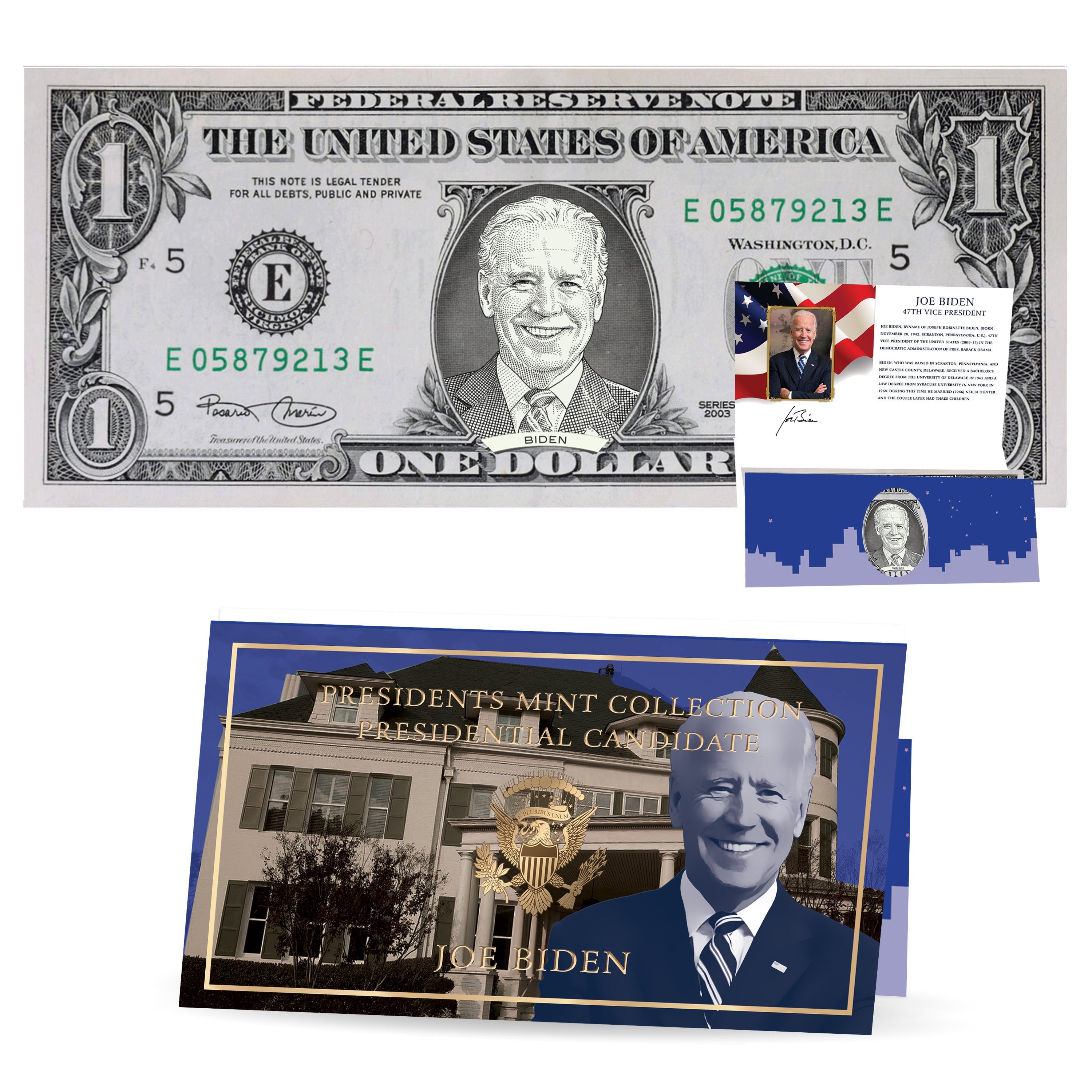 Joe Biden Presidential Dollar Bill w/ Official Currency Card - REAL USD!
