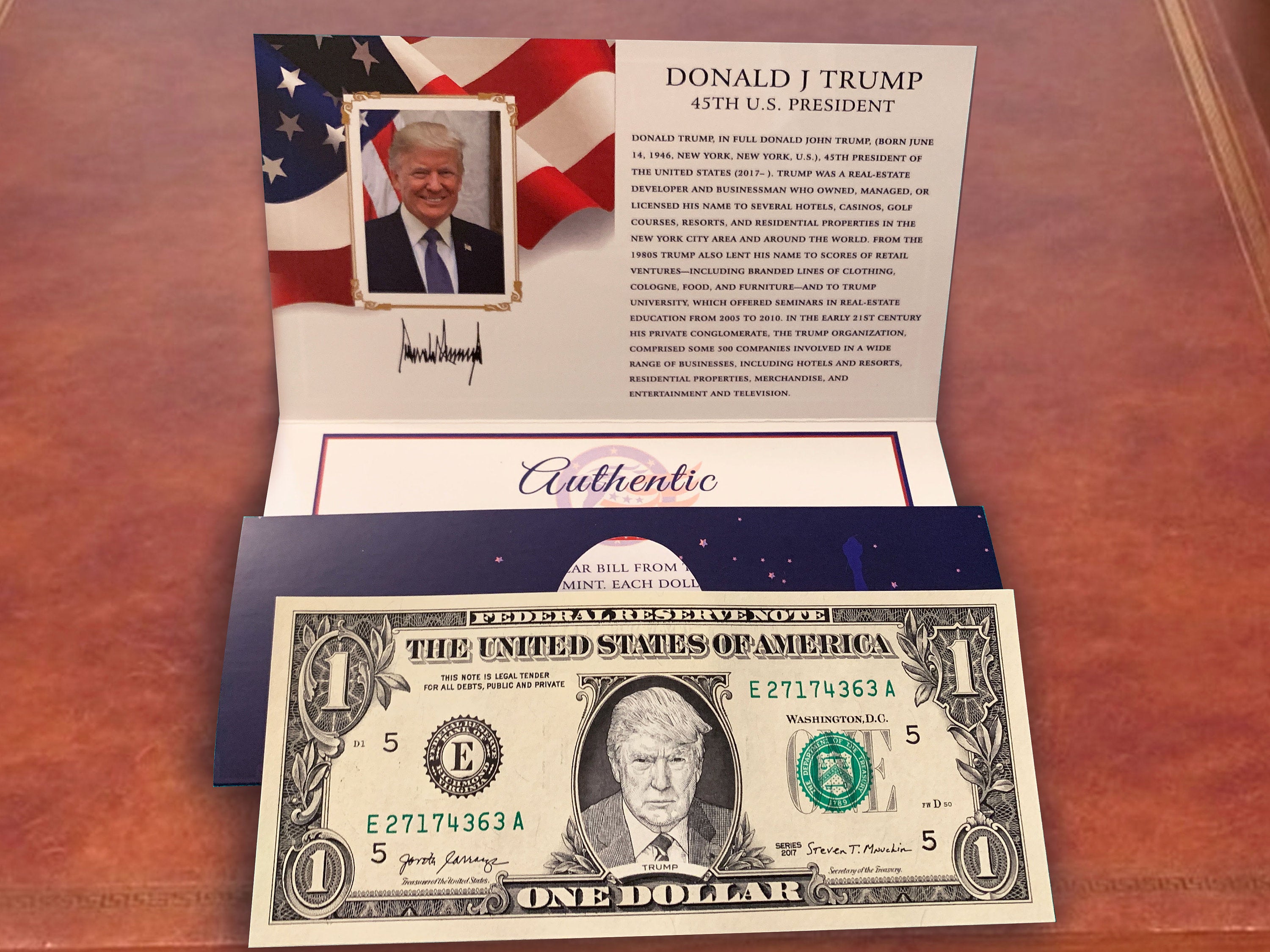 Donald Trump Official Dollar Bill w/ Presidential Currency Card. Presidential Futures Collection - REAL USD!