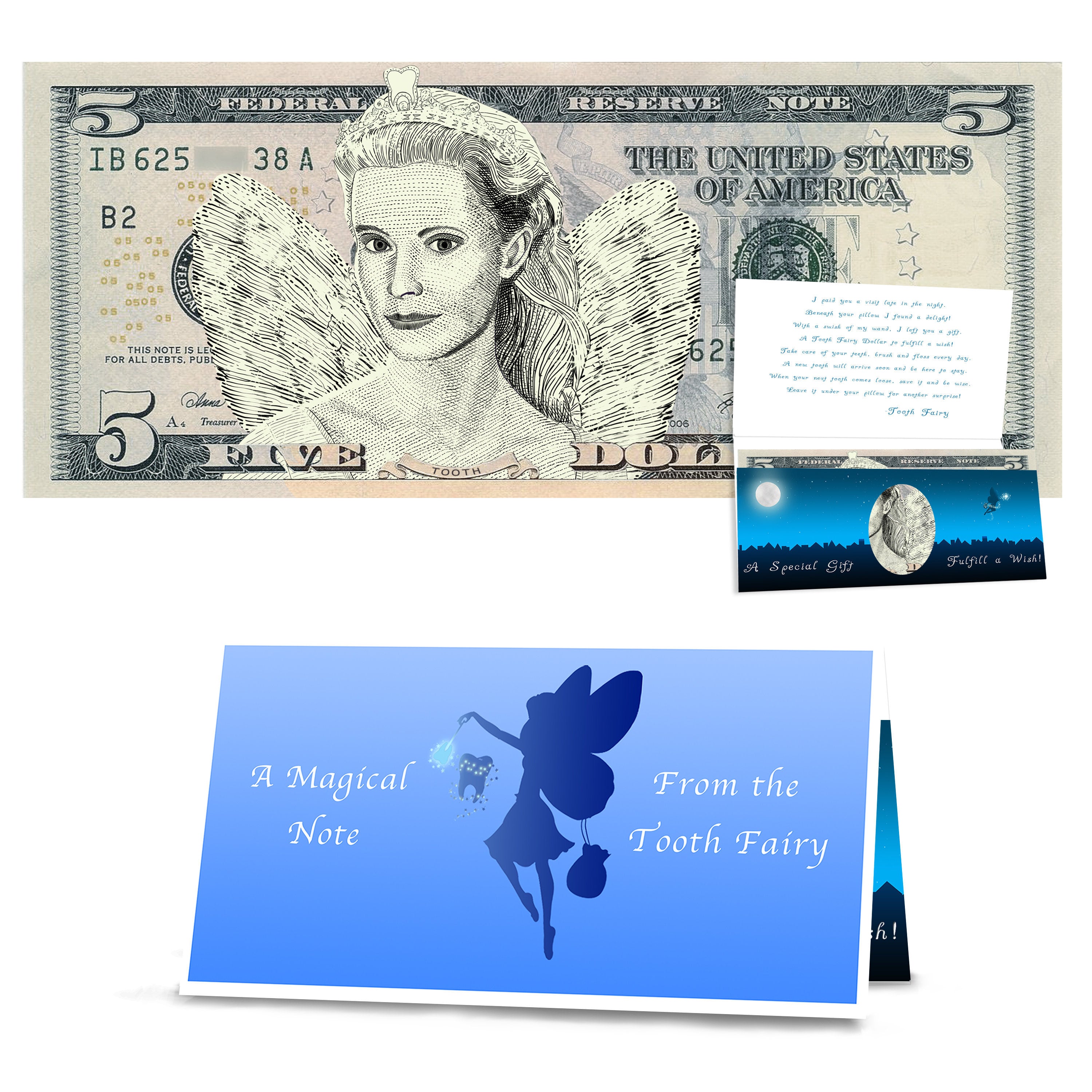 Tooth Fairy 5.0 Dollar Bill Tooth Fairy Gift - Realistic Portrait withTooth Fairy Letter/Card. REAL USD. The Complete Tooth Fairy Visit Gift