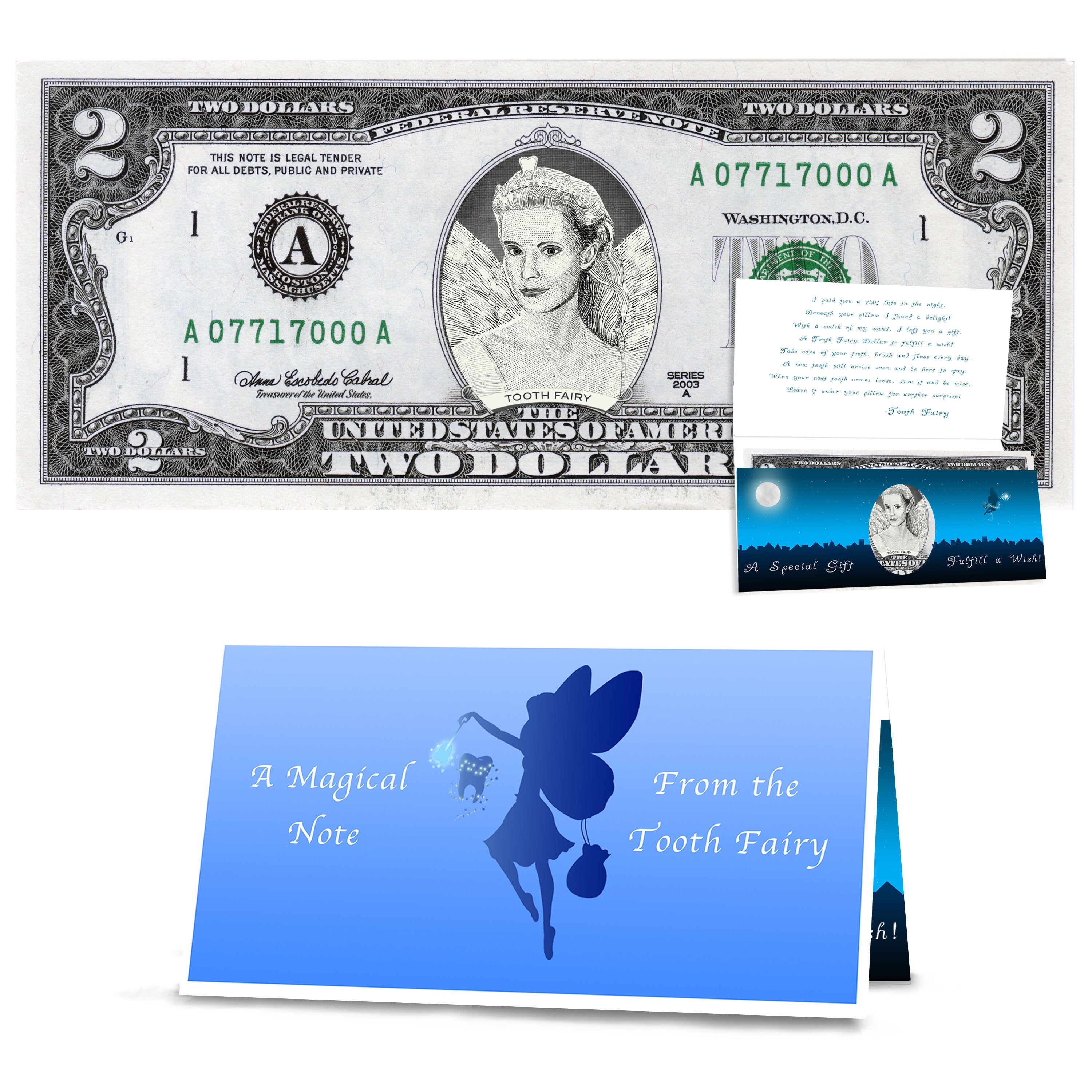 Tooth Fairy Gift: Official Tooth Fairy 2.0 Dollar Bill - Realistic . Real USD. Bankable and Spendable. Gift Package with Tooth Fairy Letter