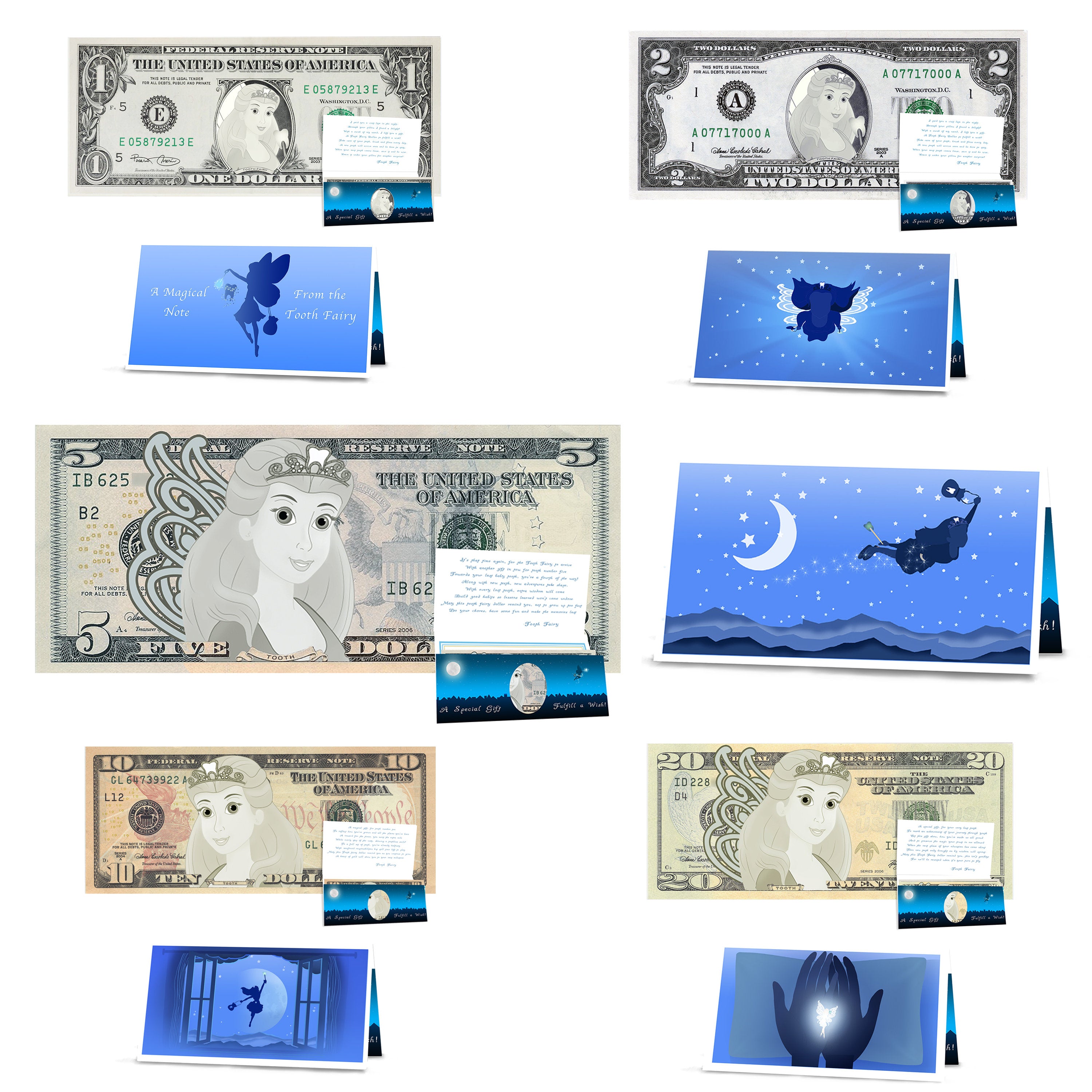 Tooth Fairy Dollar Bills Gift Package: Milestone Kit. 1st, 2nd, 5th. 10th and 20th Lost Teeth Collectable Tooth Fairy Dollars. All Real USD