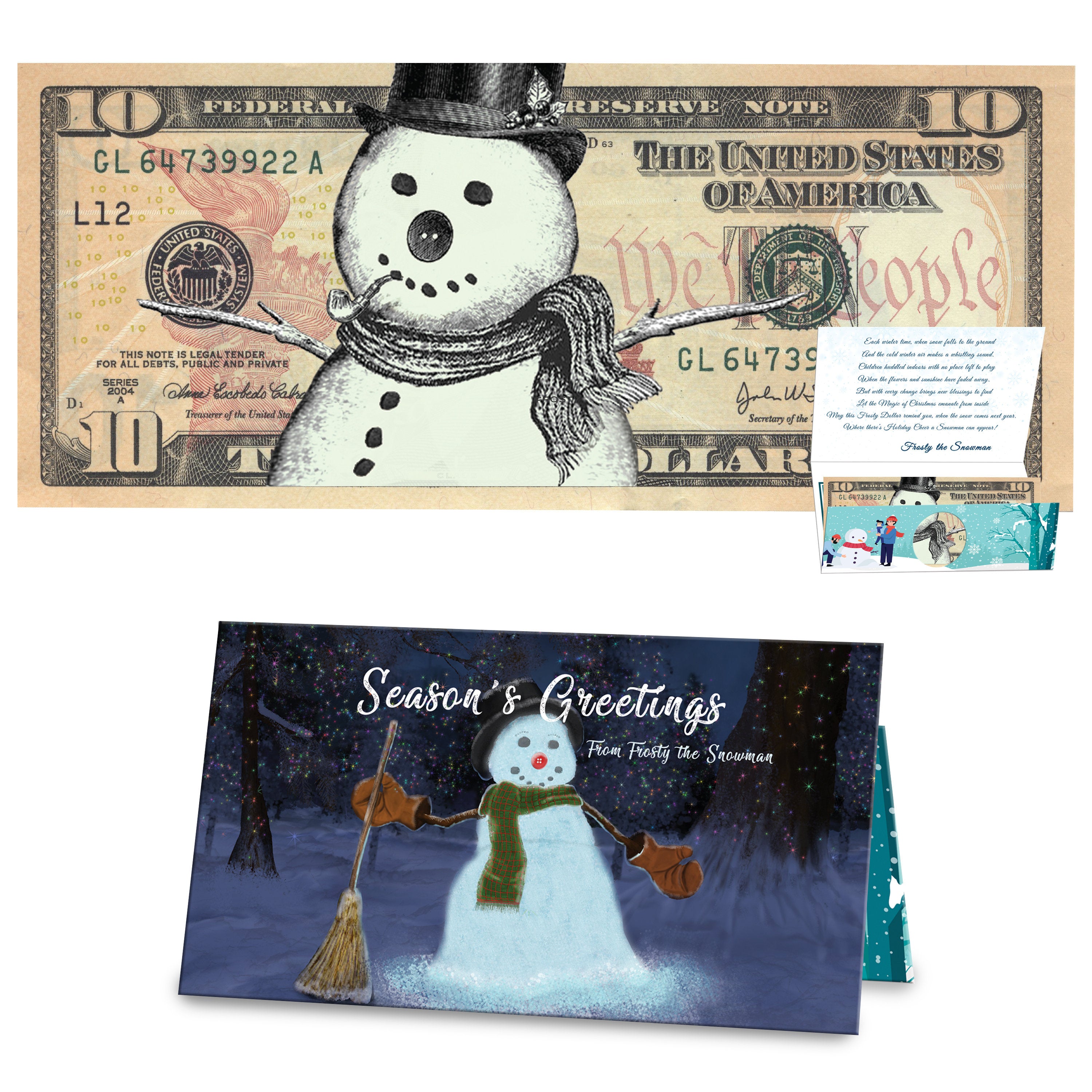 Frosty the Snowman 10.0 Dollar Bill Stocking Stuffer Complete Christmas Gift Package with Holiday Greeting Card. Affordable Christmas Gift