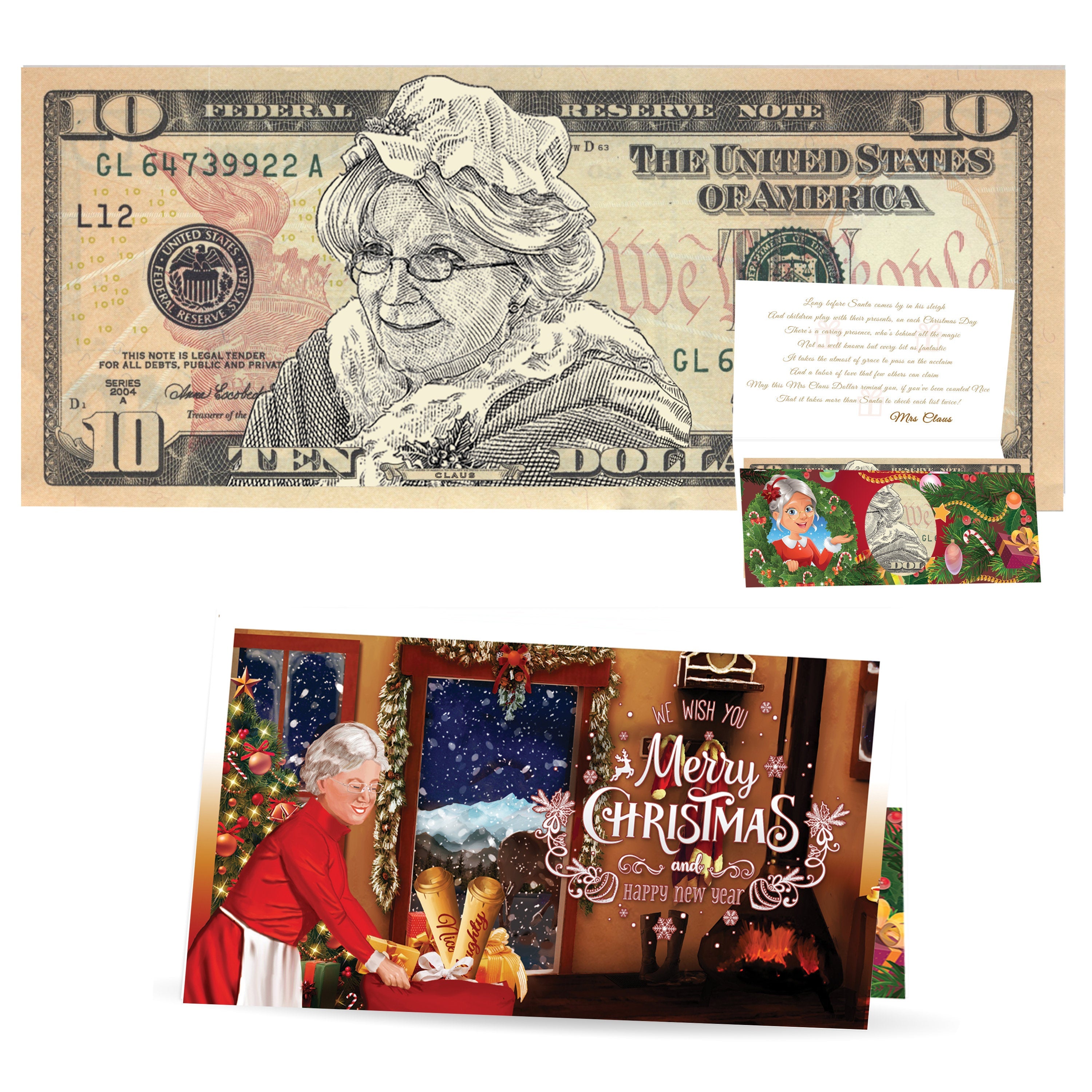 Mrs. Claus 10.0 Dollar. Perfect Stocking Stuffer Complete Gift Christmas Gift Package with Holiday Greeting Card. Affordable Christmas Gift