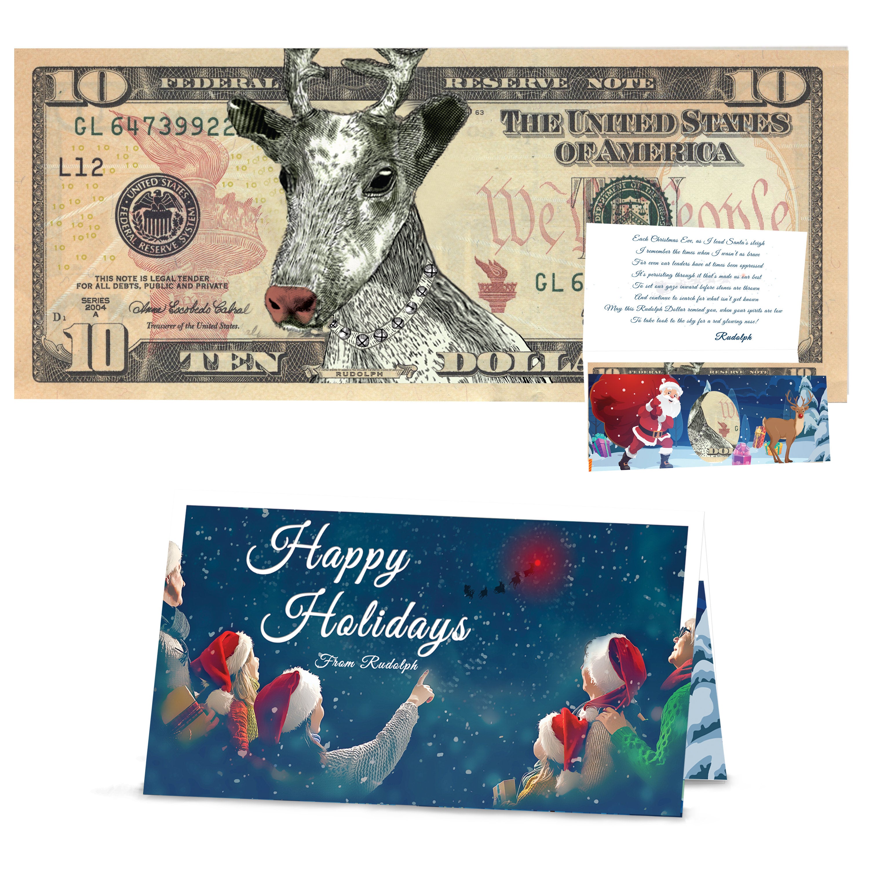 Rudolph Dollar Bill 10.0 USD Stocking Stuffer Complete Gift Christmas Gift Package with Holiday Greeting Card. Affordable Christmas Gift