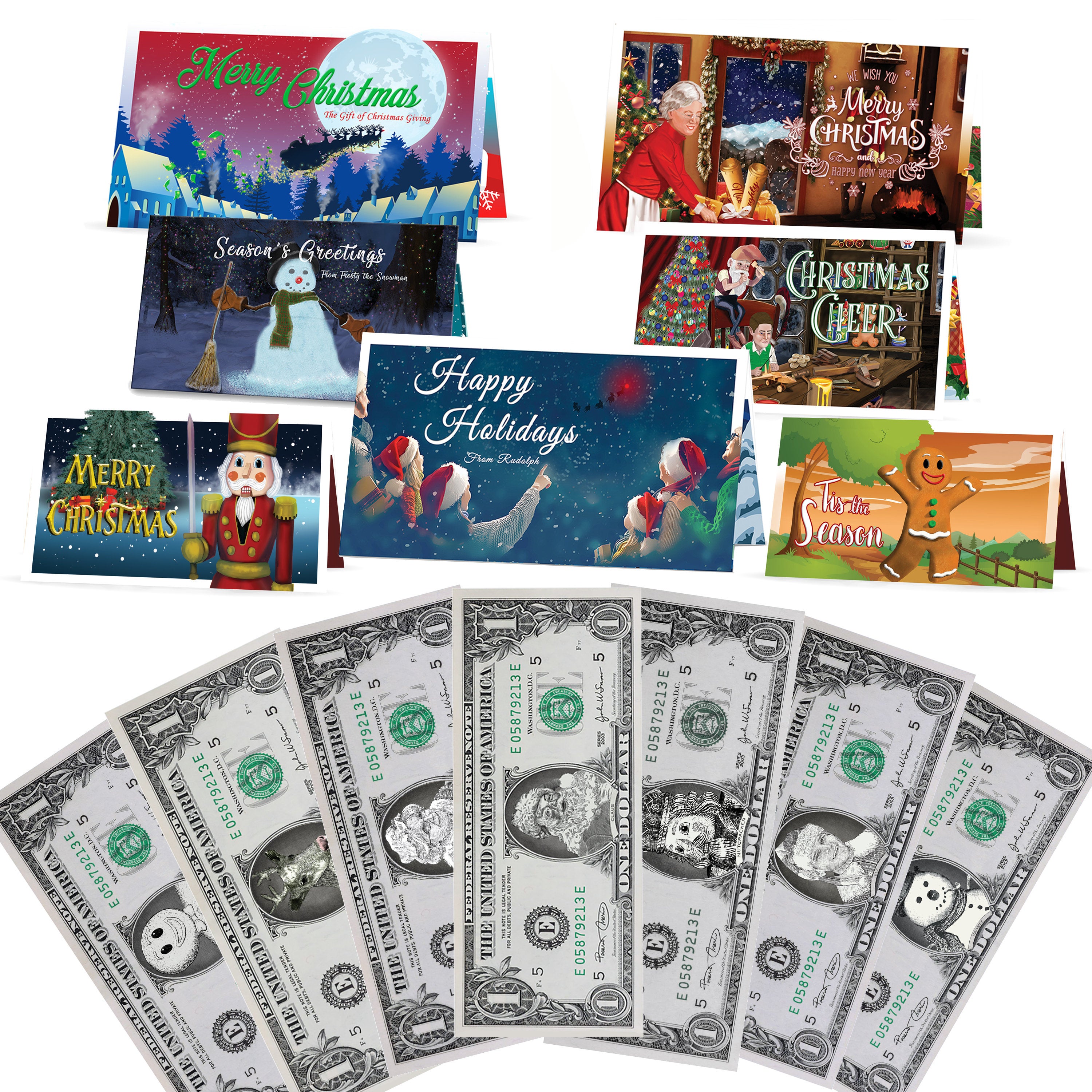 Christmas 1.0 USD Dollar Bill Complete Gift Package with Holiday Greeting Cards. Affordable Christmas Gift. 7 cards and 1.0 USD Dollar Bills