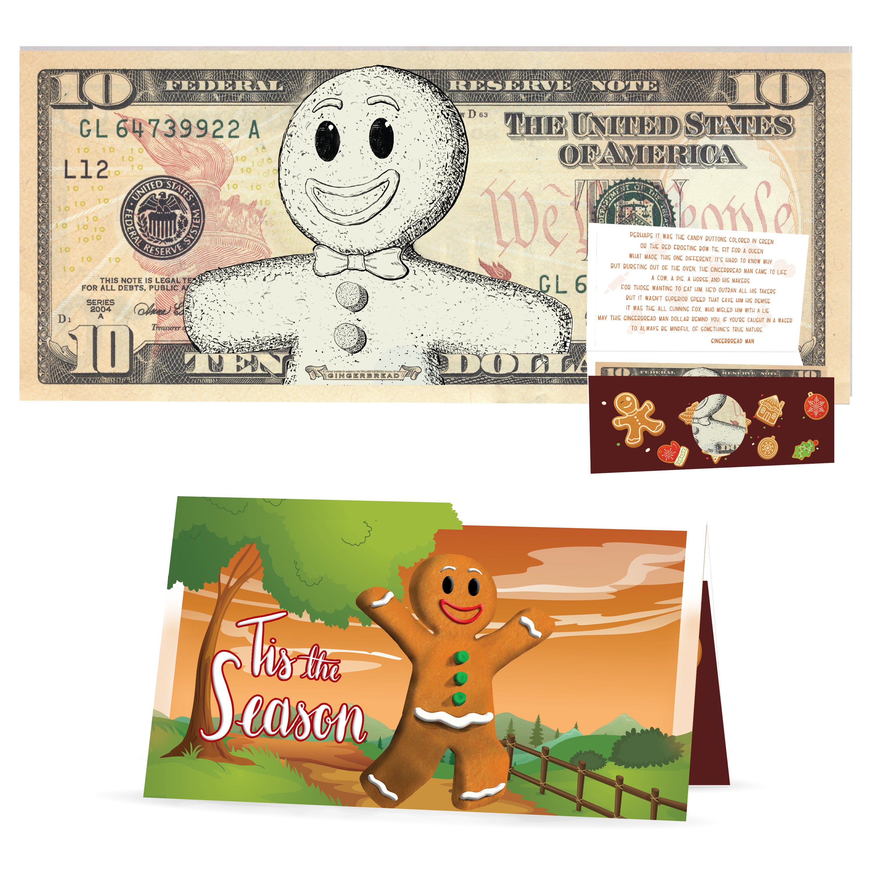 Gingerbread Man 10.0 USD Dollar Bill. Perfect Stocking Stuffer Complete Gift Christmas Gift Package with Holiday Greeting Card.