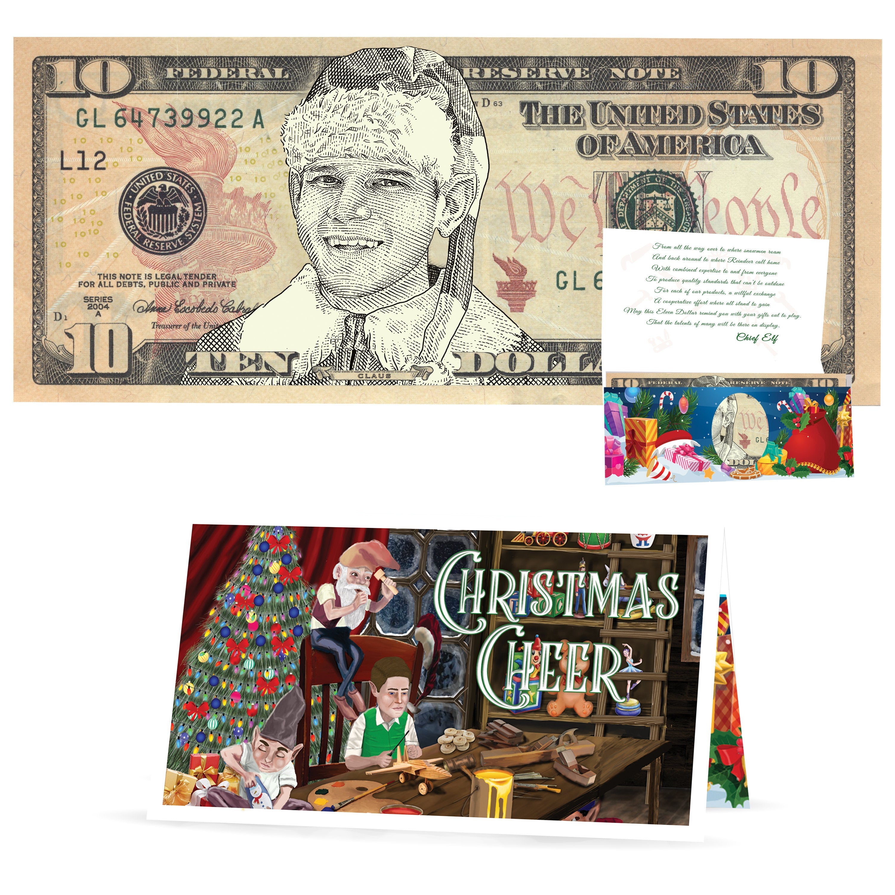 Santa's Elf 10.0 Dollar Bill Stocking Stuffer Complete Christmas Gift Package with Holiday Greeting Card. Affordable Christmas Gift