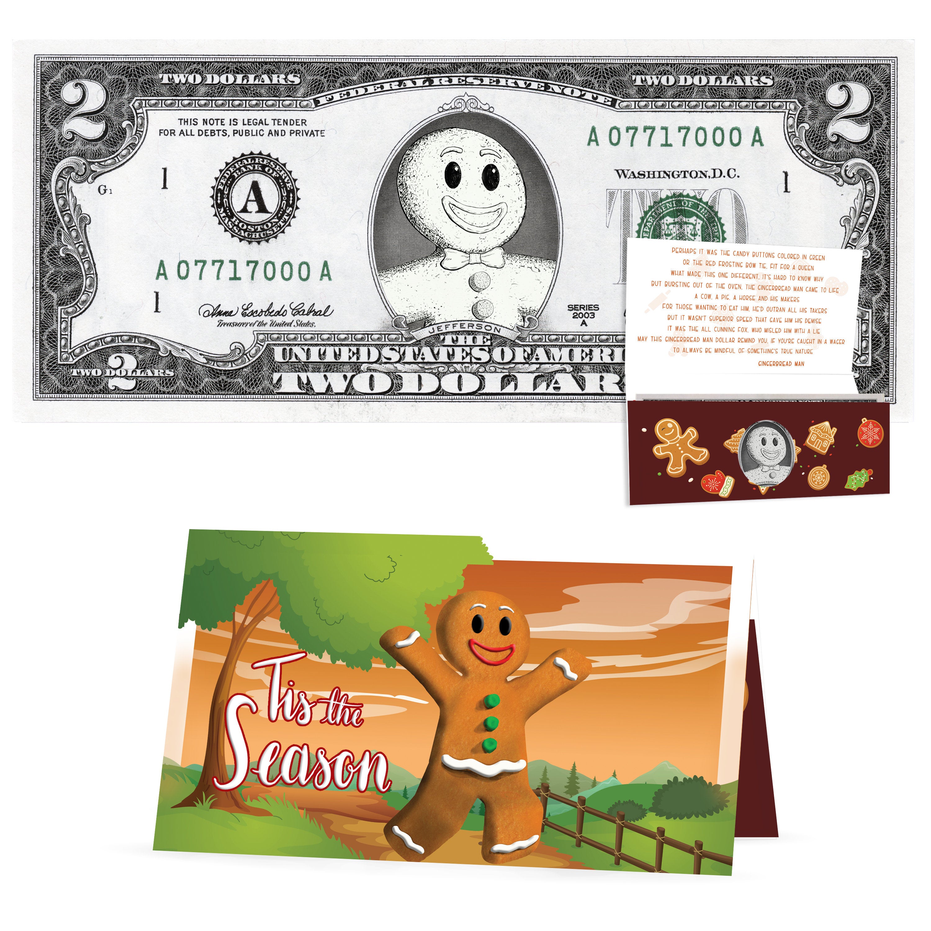 Gingerbread Man 2.0 USD Dollar Bill. Perfect Stocking Stuffer Complete Gift Christmas Gift Package with Holiday Greeting Card.