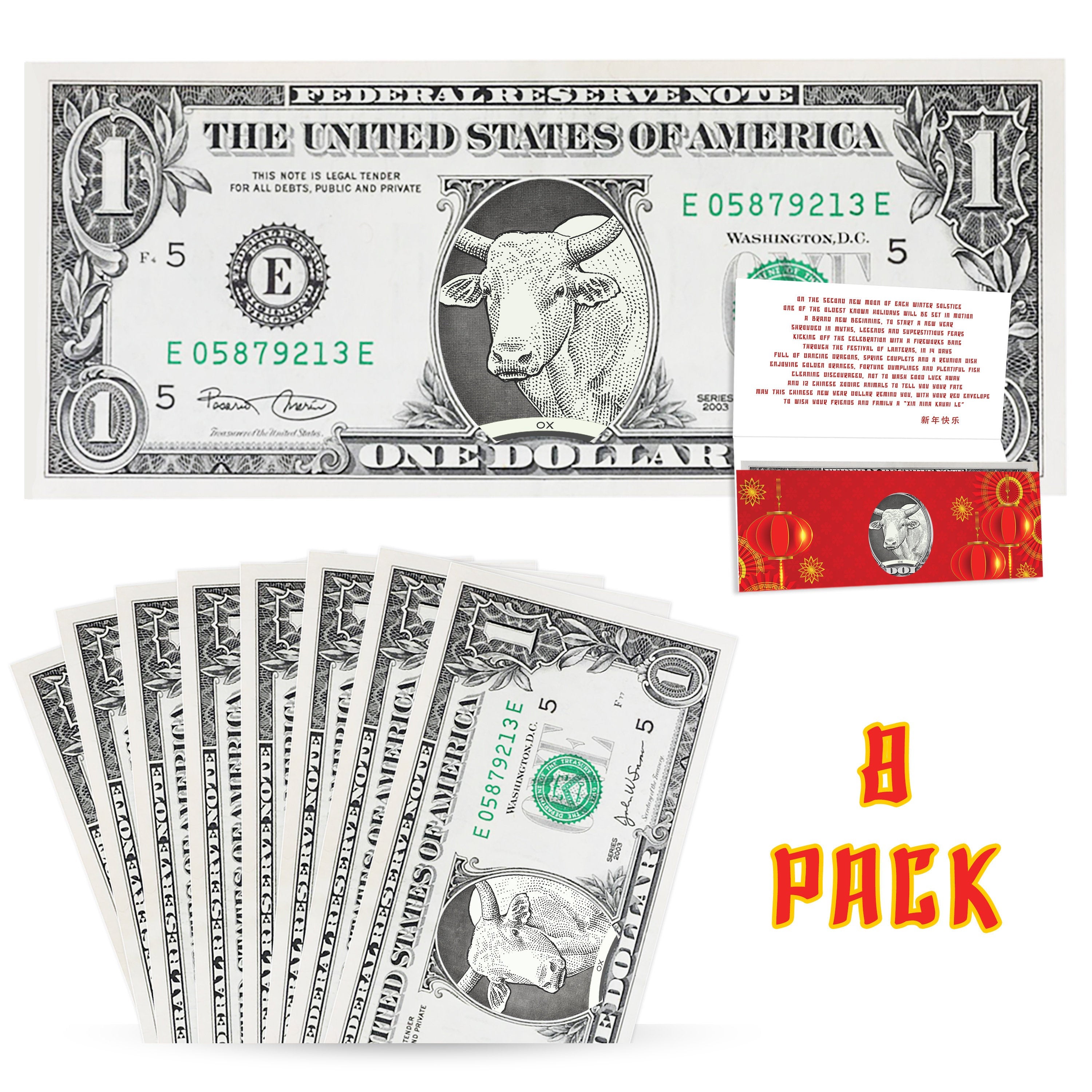 Official Chinese New Year Lucky Dollar: Real 1.0 USD with Removable Seal. 8-Pack. Year of the Ox 2021 Lucky Red Packet and Envelope