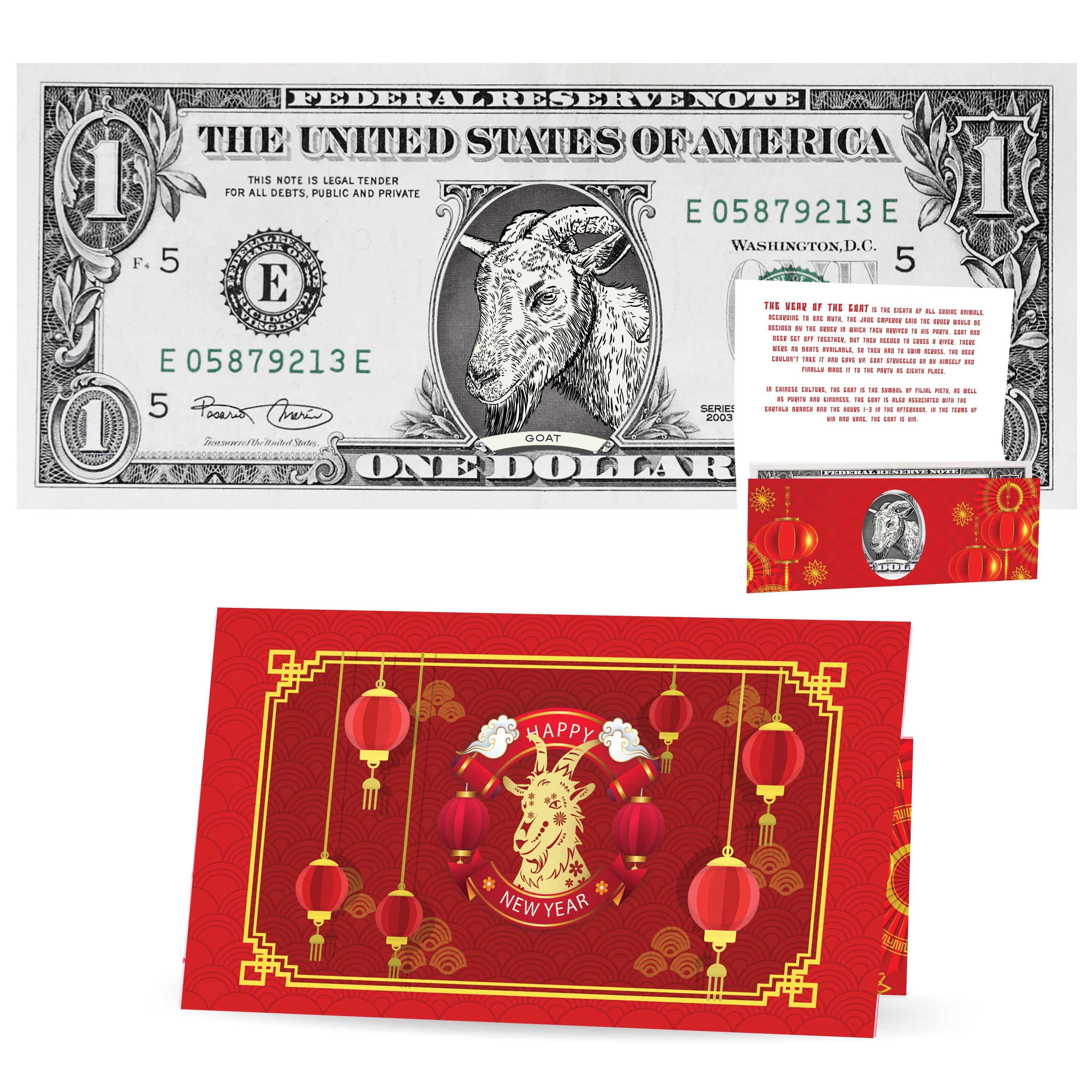 Official Chinese New Year Lucky Dollar: Real 1.0 USD. Bankable & Spendable. Year of the Goat Lucky Red Packet and Envelope