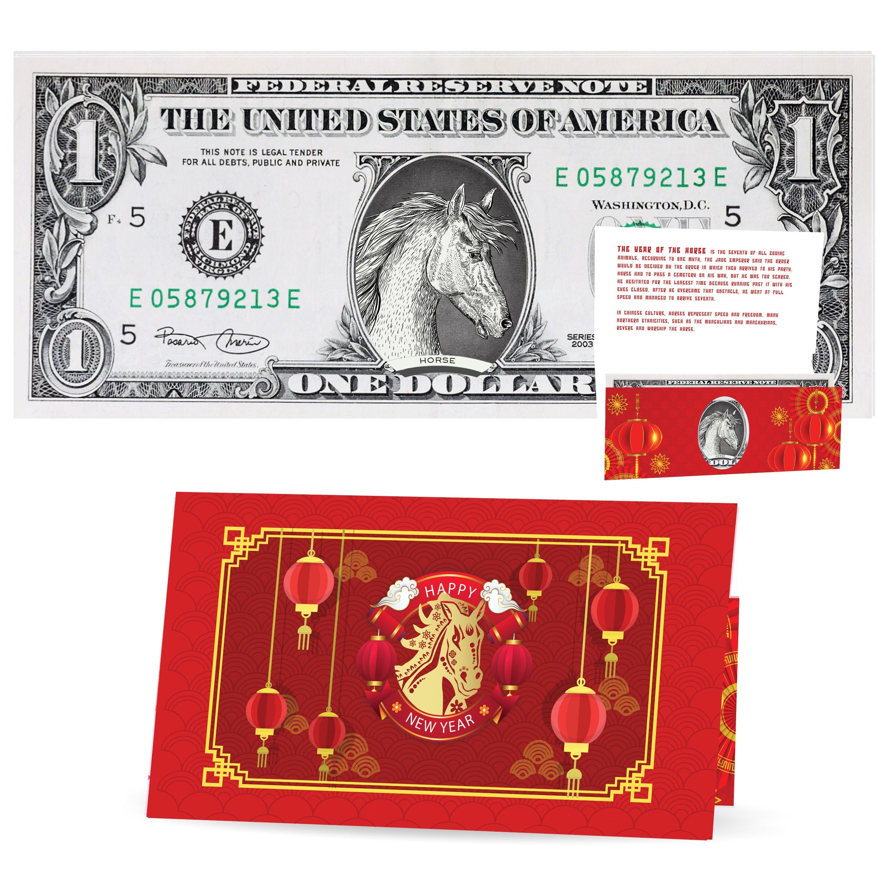 Official Chinese New Year Lucky Dollar: Real 1.0 USD. Bankable & Spendable. Year of the Horse Lucky Red Packet and Envelope