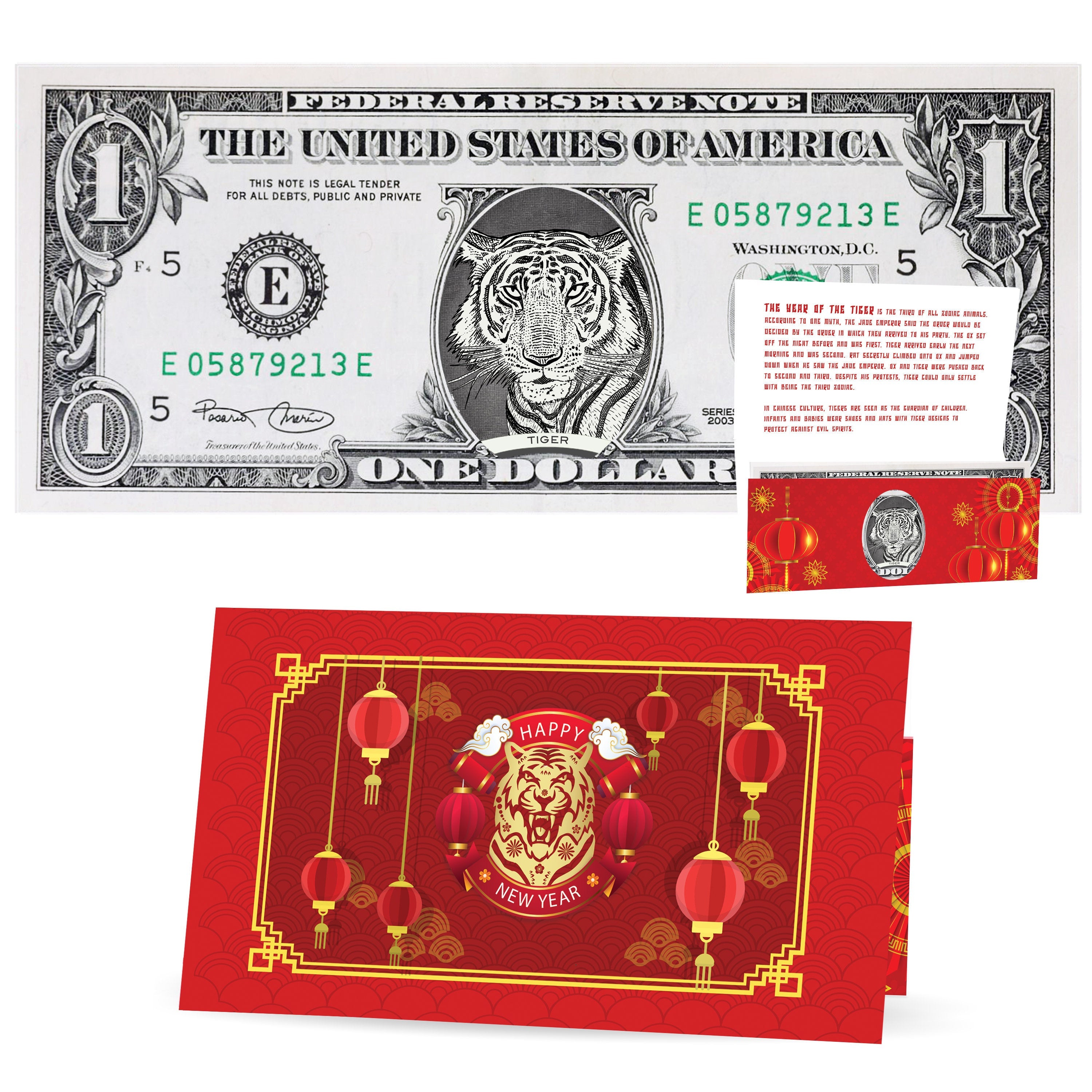 Official Chinese New Year Lucky Dollar: Real 1.0 USD. Bankable & Spendable. Year of the Tiger Lucky Red Packet and Envelope