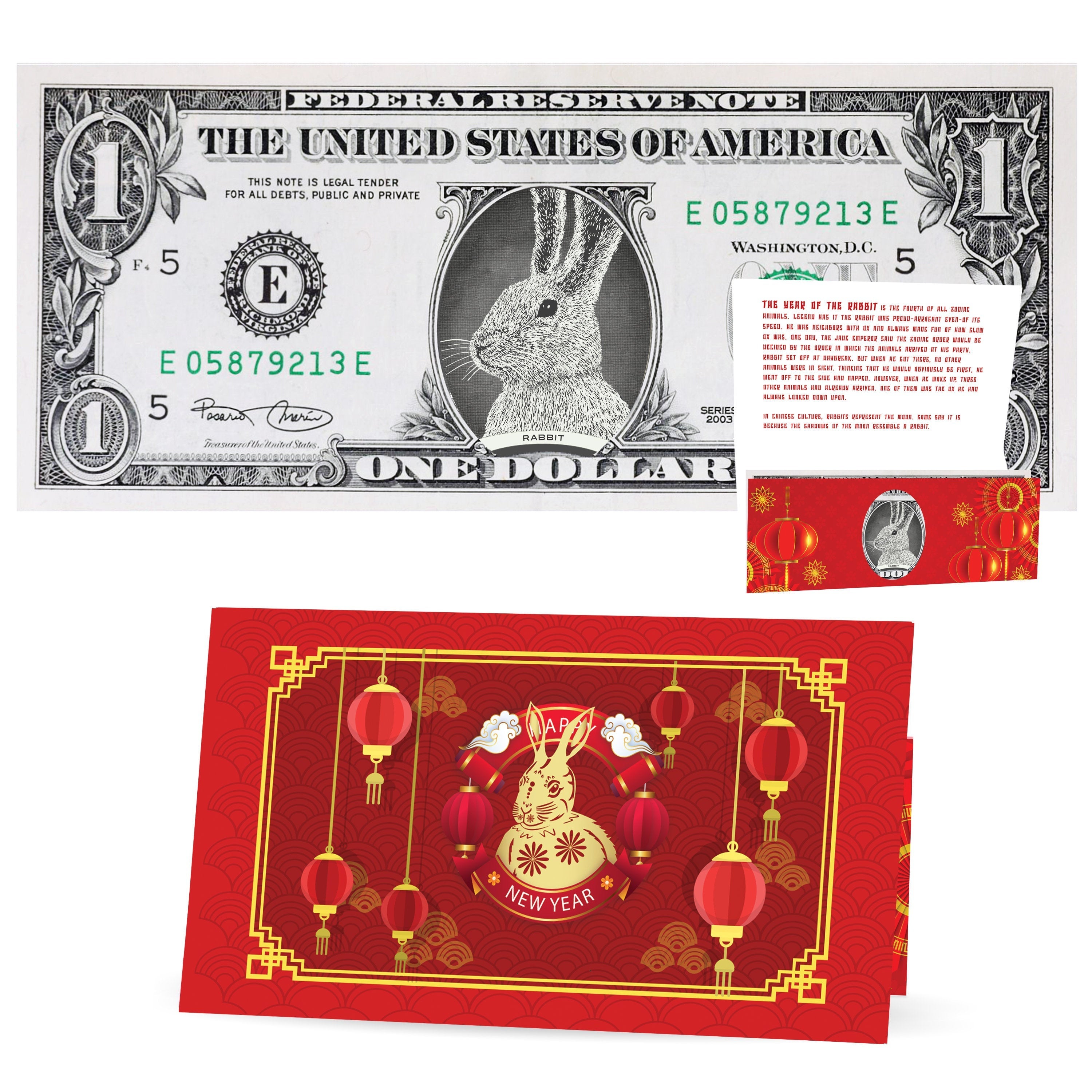 Official Chinese New Year Lucky Dollar Money : Real 1.0 USD. Chinese New Year Money. Bankable & Spendable. Year of the Rabbit Lucky Red Packet and Envelope