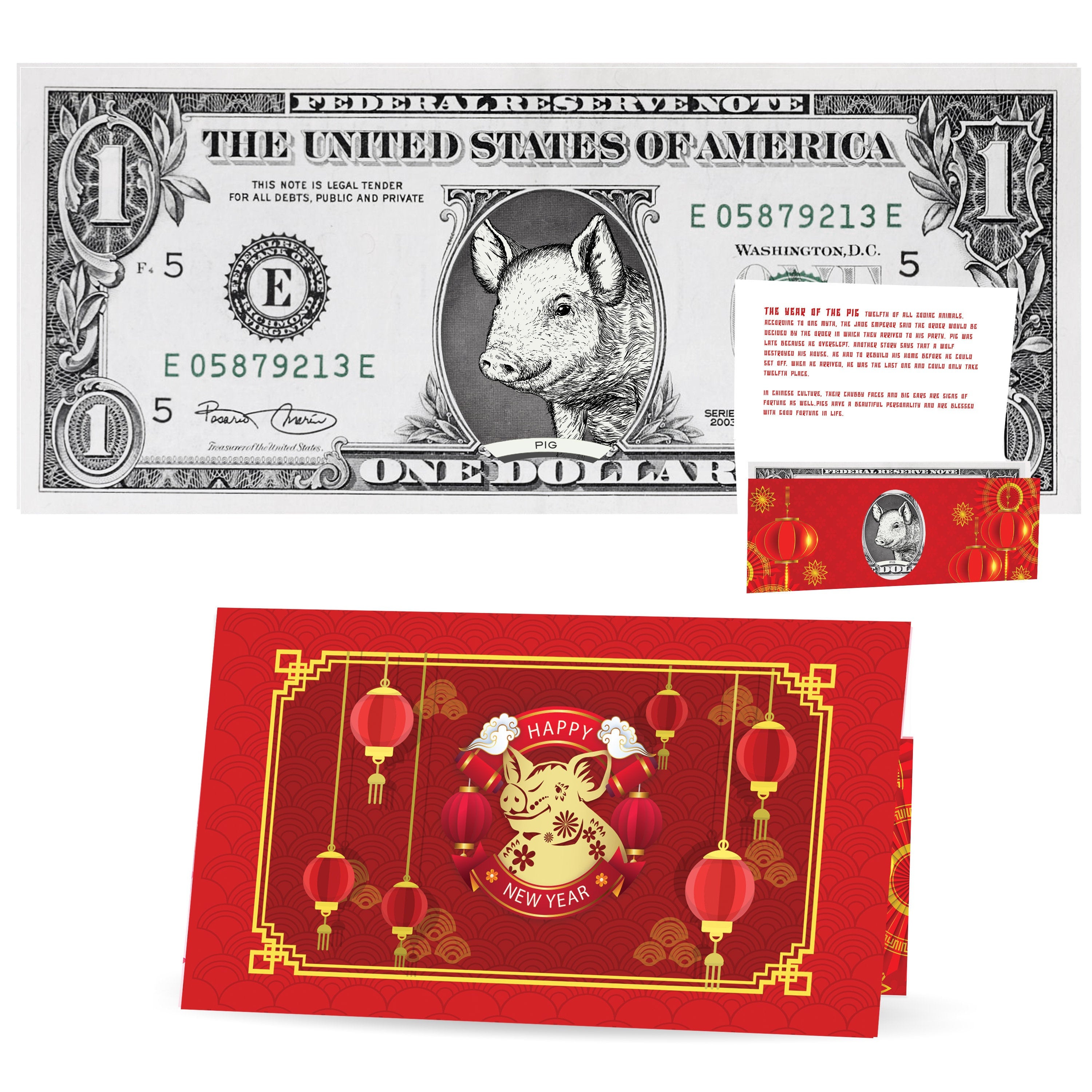 Official Chinese New Year Lucky Dollar: Real 1.0 USD. Bankable & Spendable. Year of the Pig Lucky Red Packet and Envelope