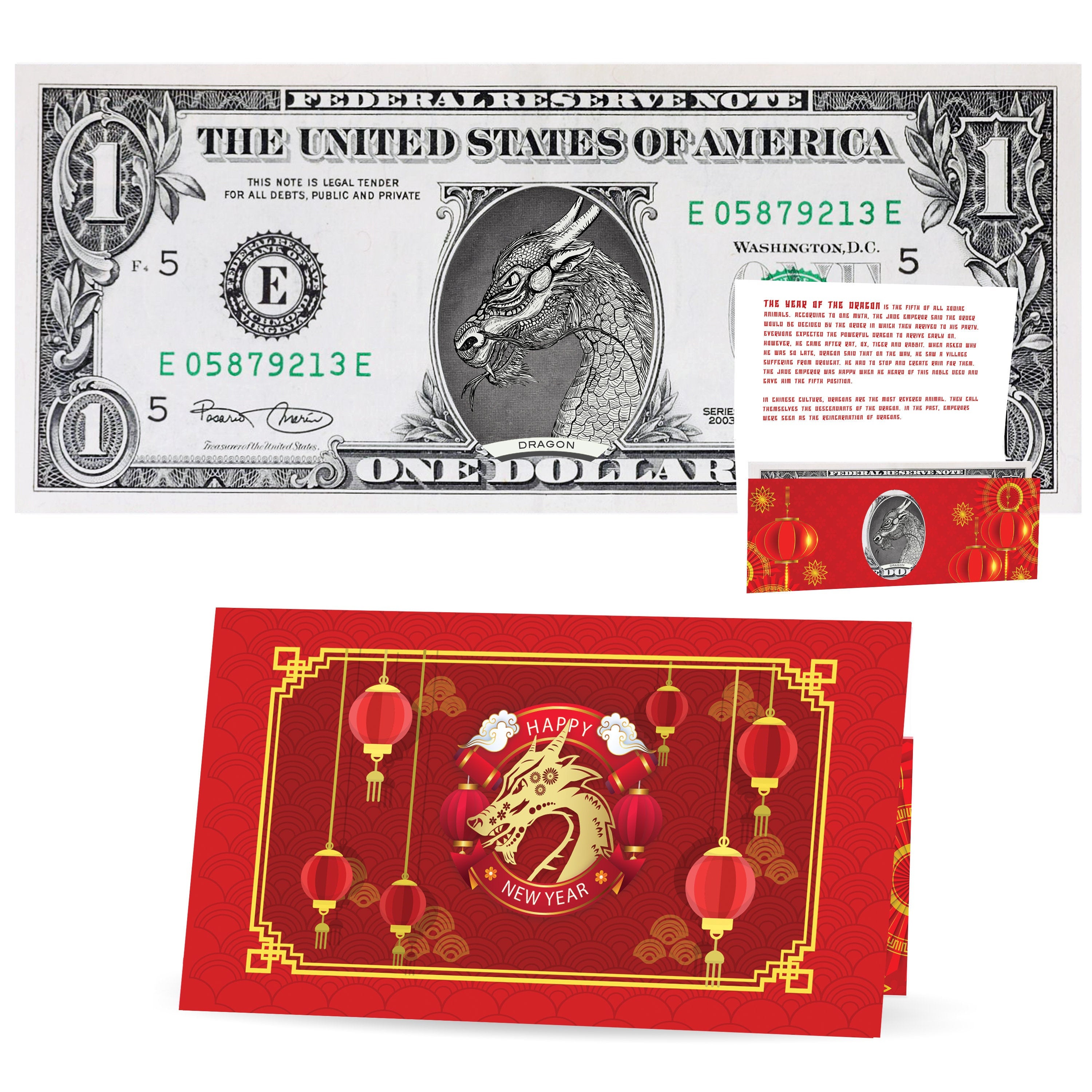 Official Chinese New Year Lucky Dollar: Real 1.0 USD Chinese New Year Money Bankable & Spendable. Year of the Dragon Lucky Red Packet and Envelope.
