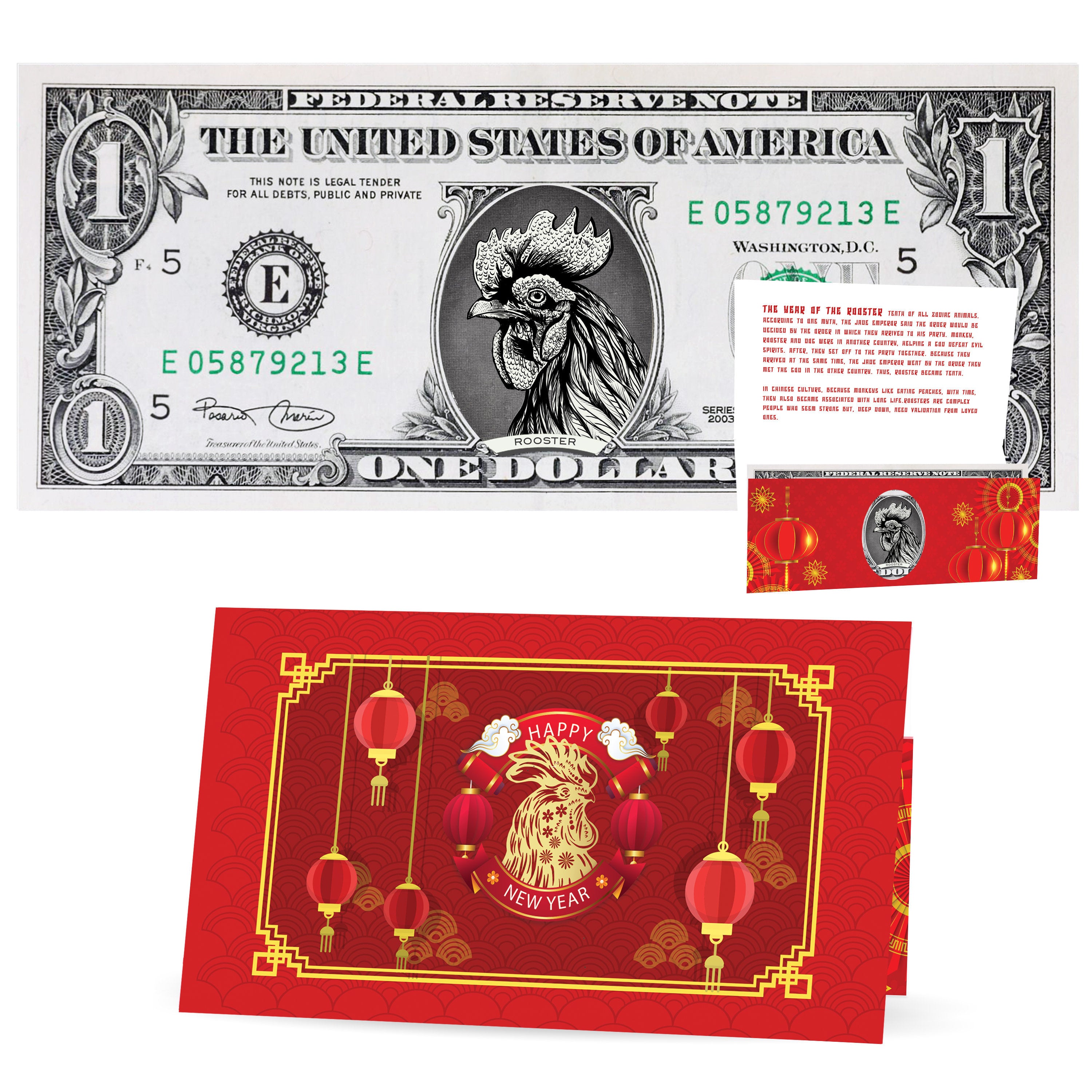Official Chinese New Year Lucky Dollar: Real 1.0 USD. Bankable & Spendable. Year of the Rooster Lucky Red Packet and Envelope