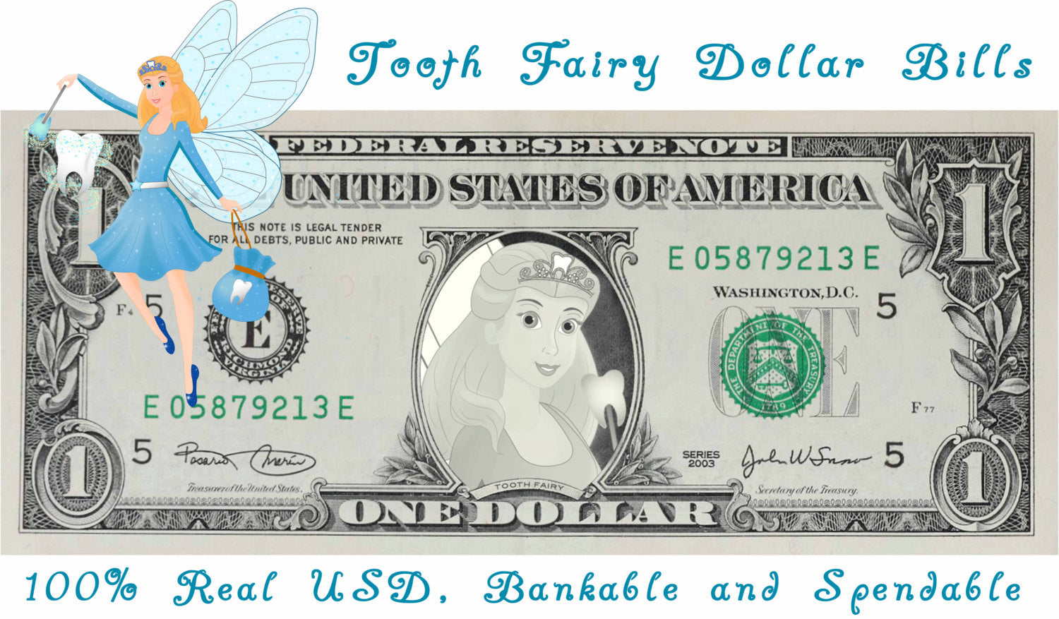Tooth Fairy Gift: Official Tooth Fairy Dollar Bill. Real USD. Bankable and Spendable. Complete Gift Package including a Tooth Fairy Letter