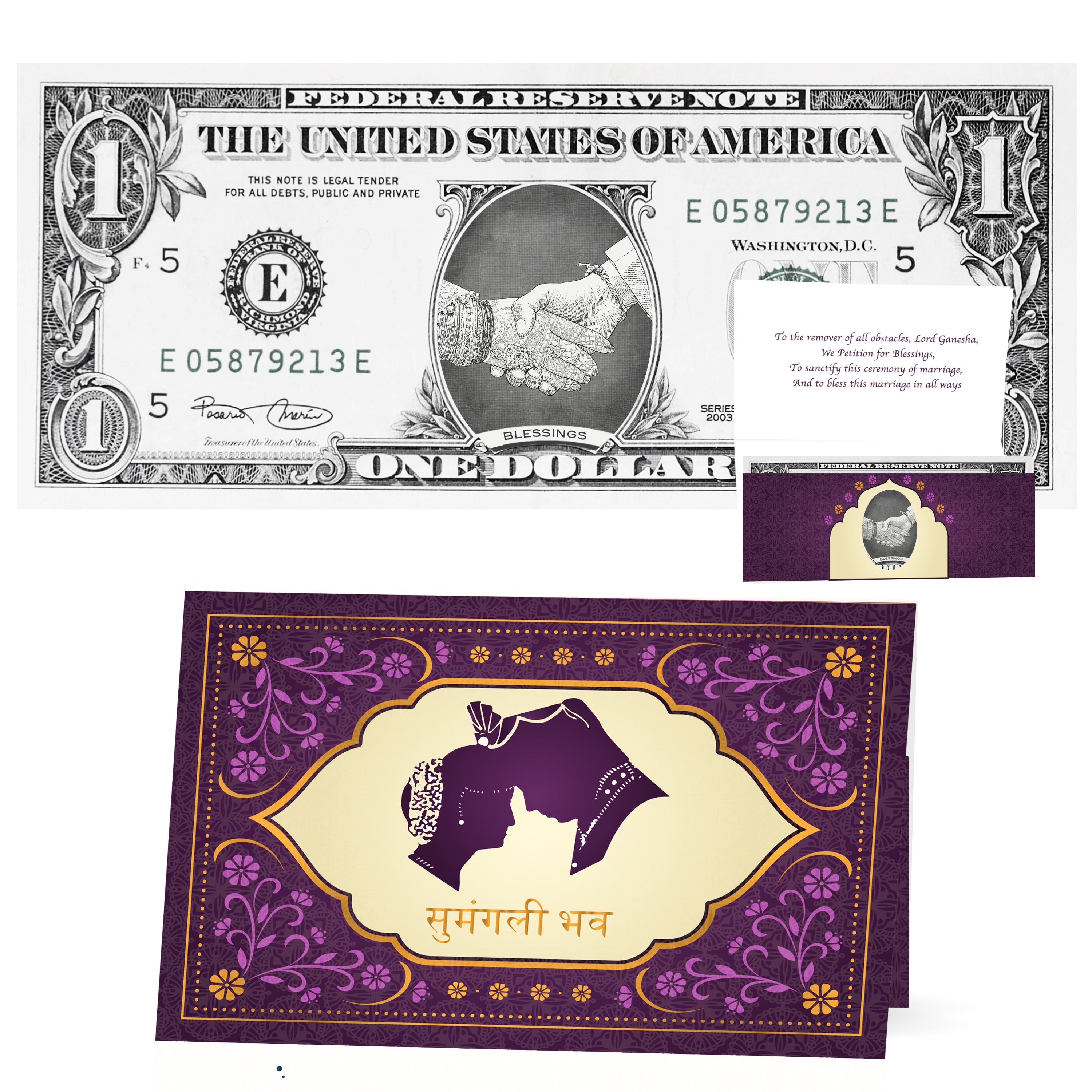 Official Hindu Wedding Ceremony Dollar Bill. Real 1.0 USD Included. Hindu One Dollar Good Fortune Shagun Card for Weddings. Hastmelap Ritual