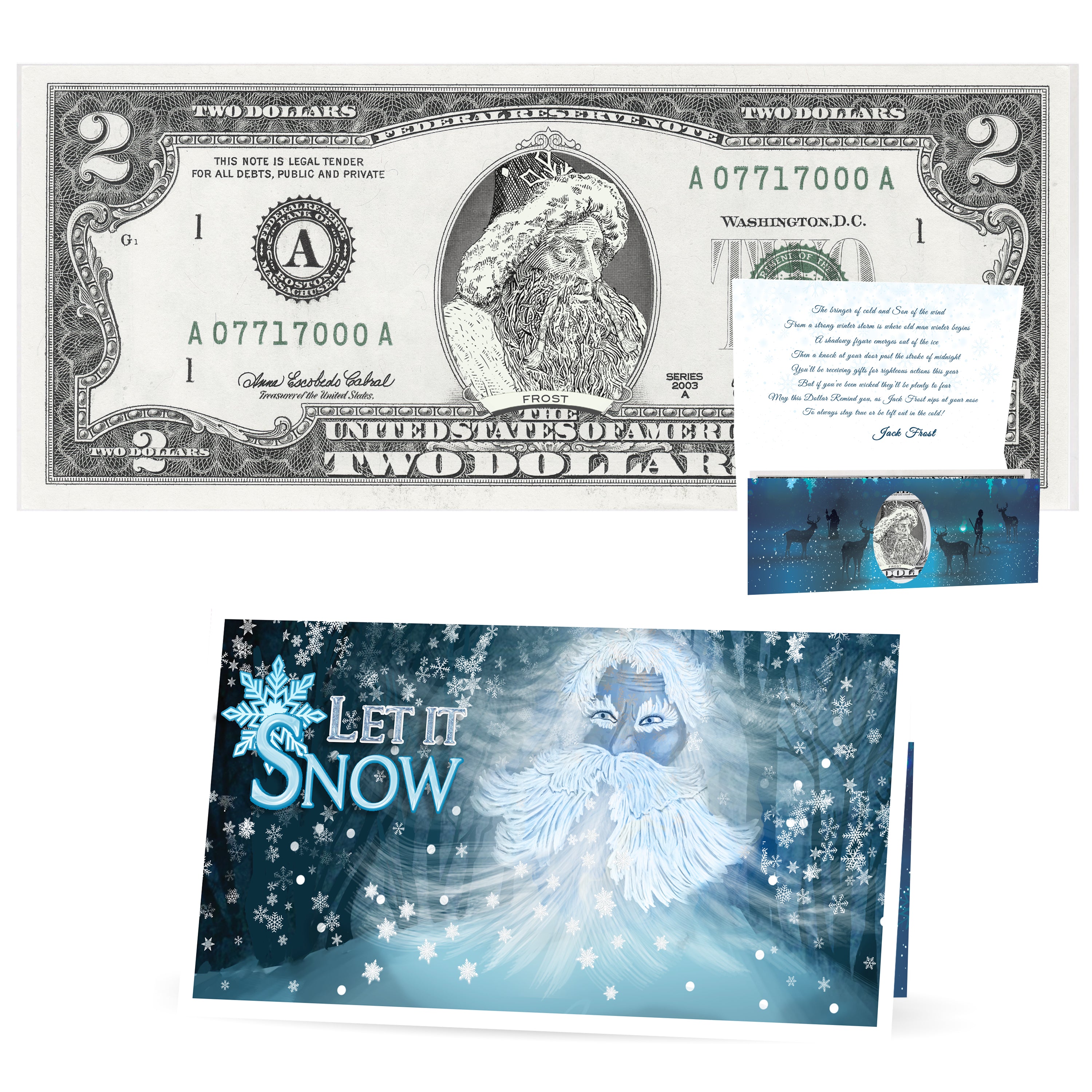 Jack Frost $2 Dollar Bill Stocking Stuffer Complete Gift Christmas Gift Package with Holiday Greeting Card. Affordable Christmas Gift