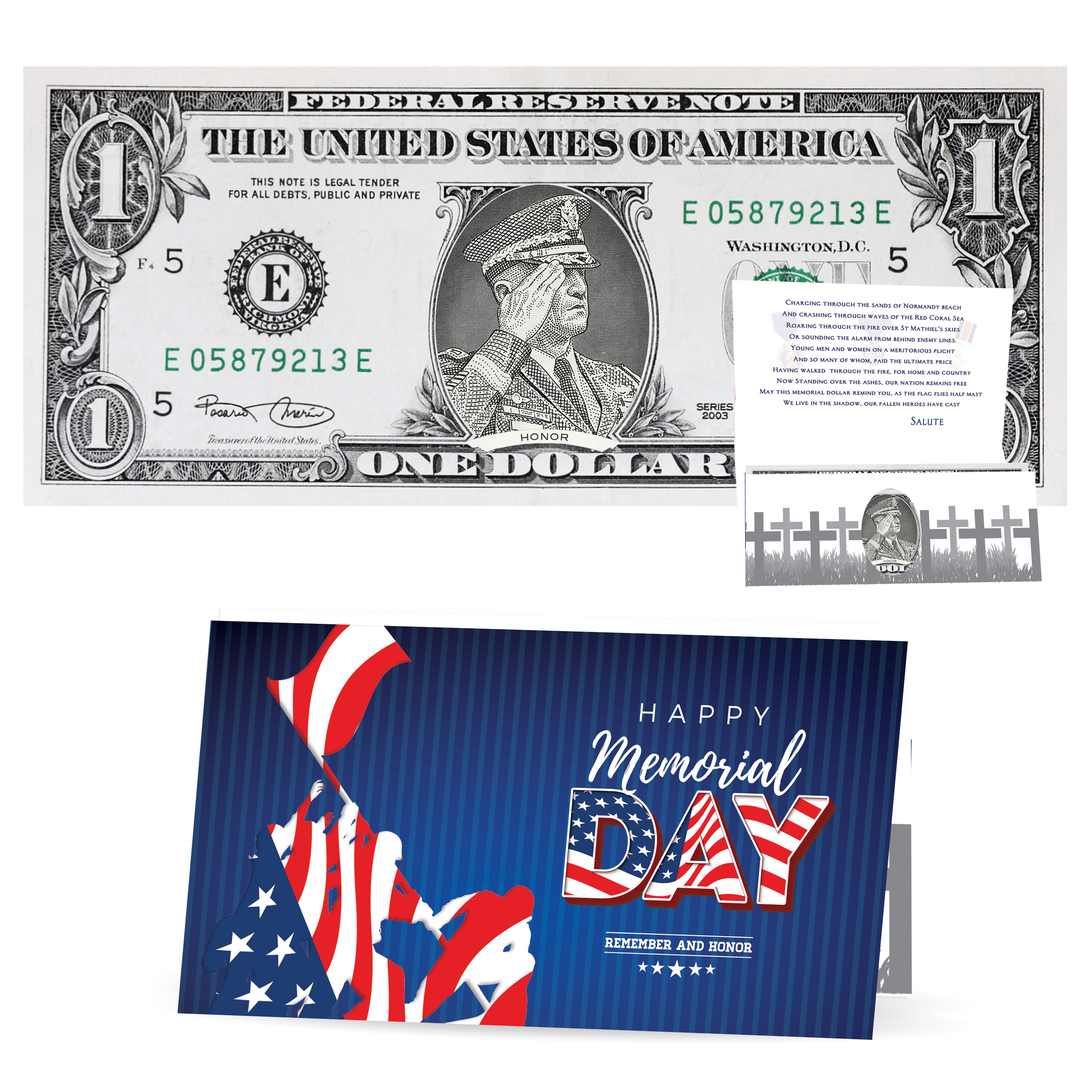Memorial Day Dollar Bill Real 1.0 USD Official Currency Card - Honor the Troops. Comes with Memorial Day Card, Currency Holder and Poem