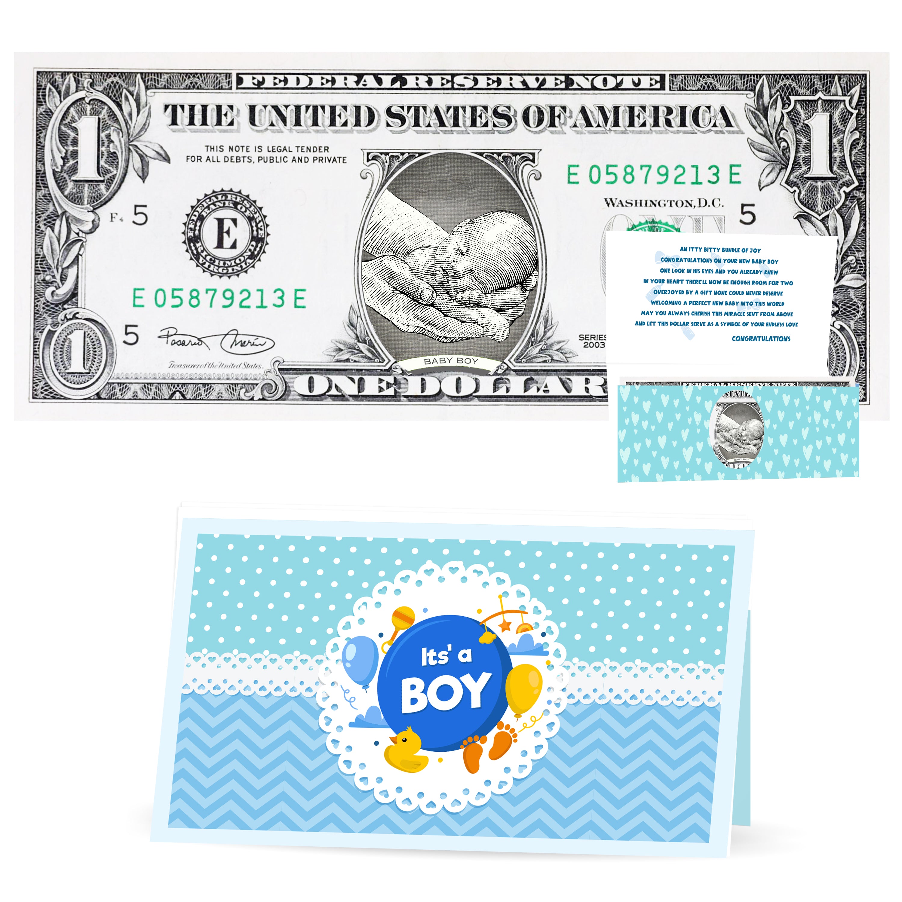 New Baby Boy Official Dollar. Real 1.0 USD. Each Bill Comes with a Greeting Card, Currency Holder and New Baby Poem