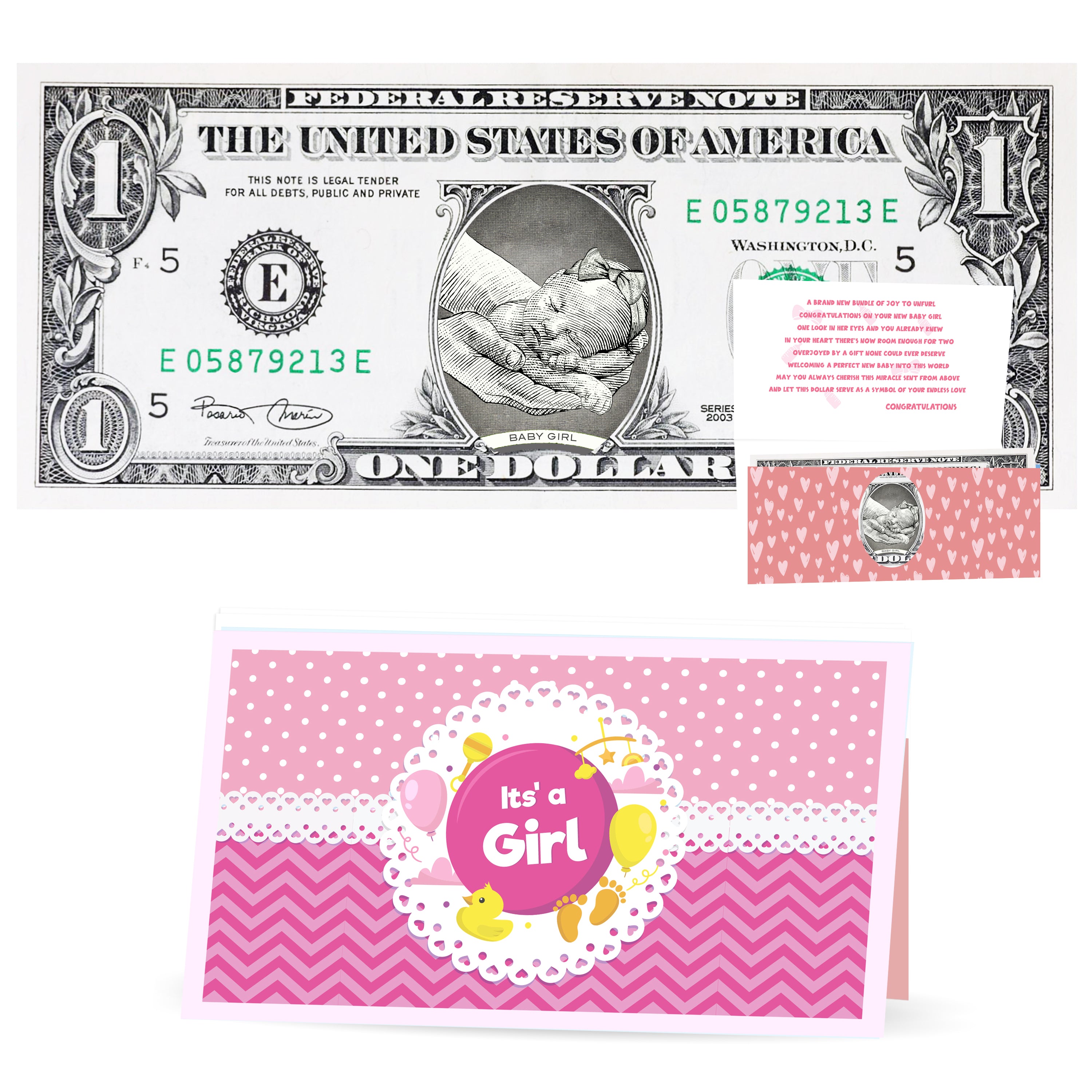 New Baby Girl Official Dollar. Real 1.0 USD. Each Bill Comes with a Greeting Card, Currency Holder and New Baby Poem