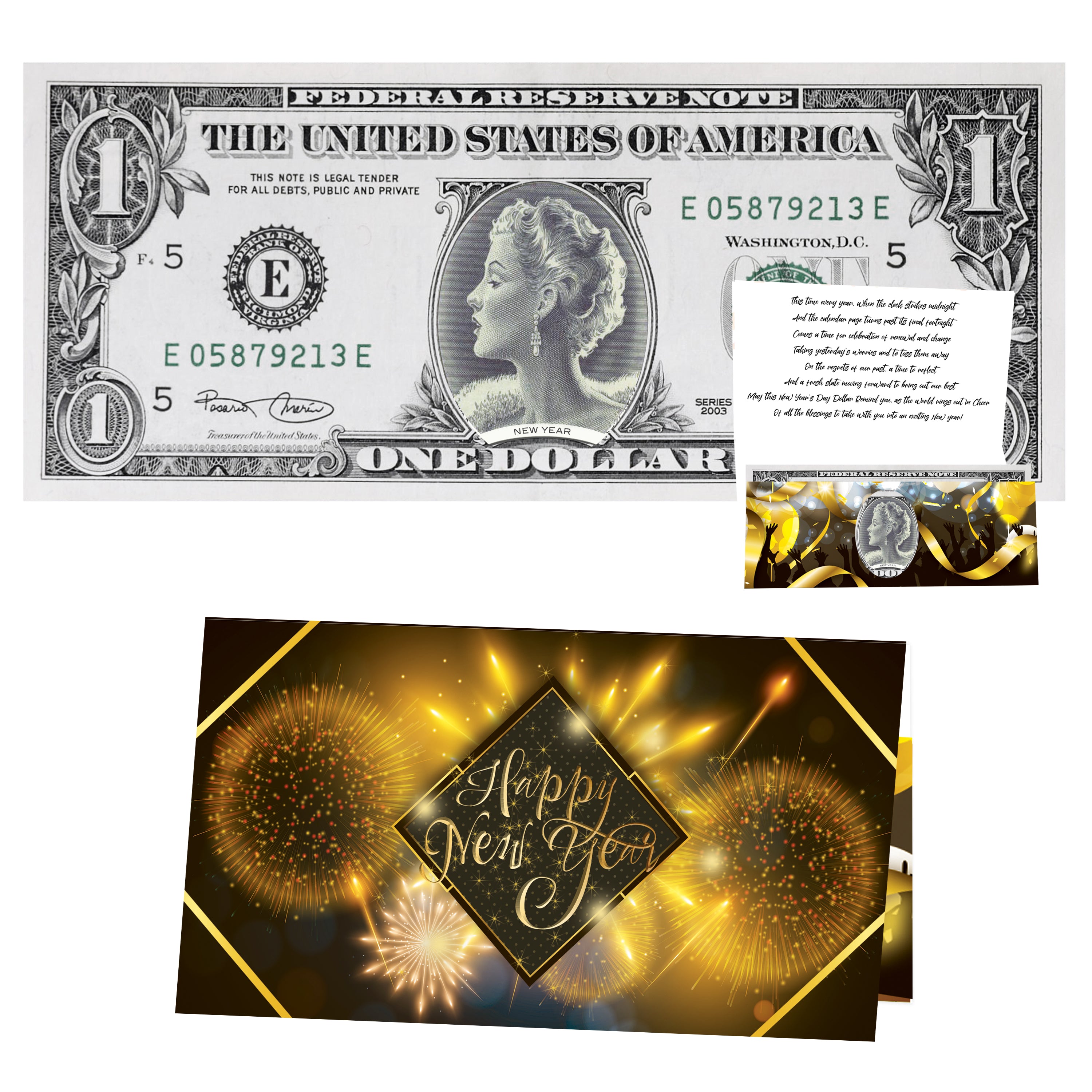 Happy New Year Dollar Bill: Real 1.0 USD. Bankable & Spendable. Lucky New Year Dollar and Greeting Card. Happy New Year Message.