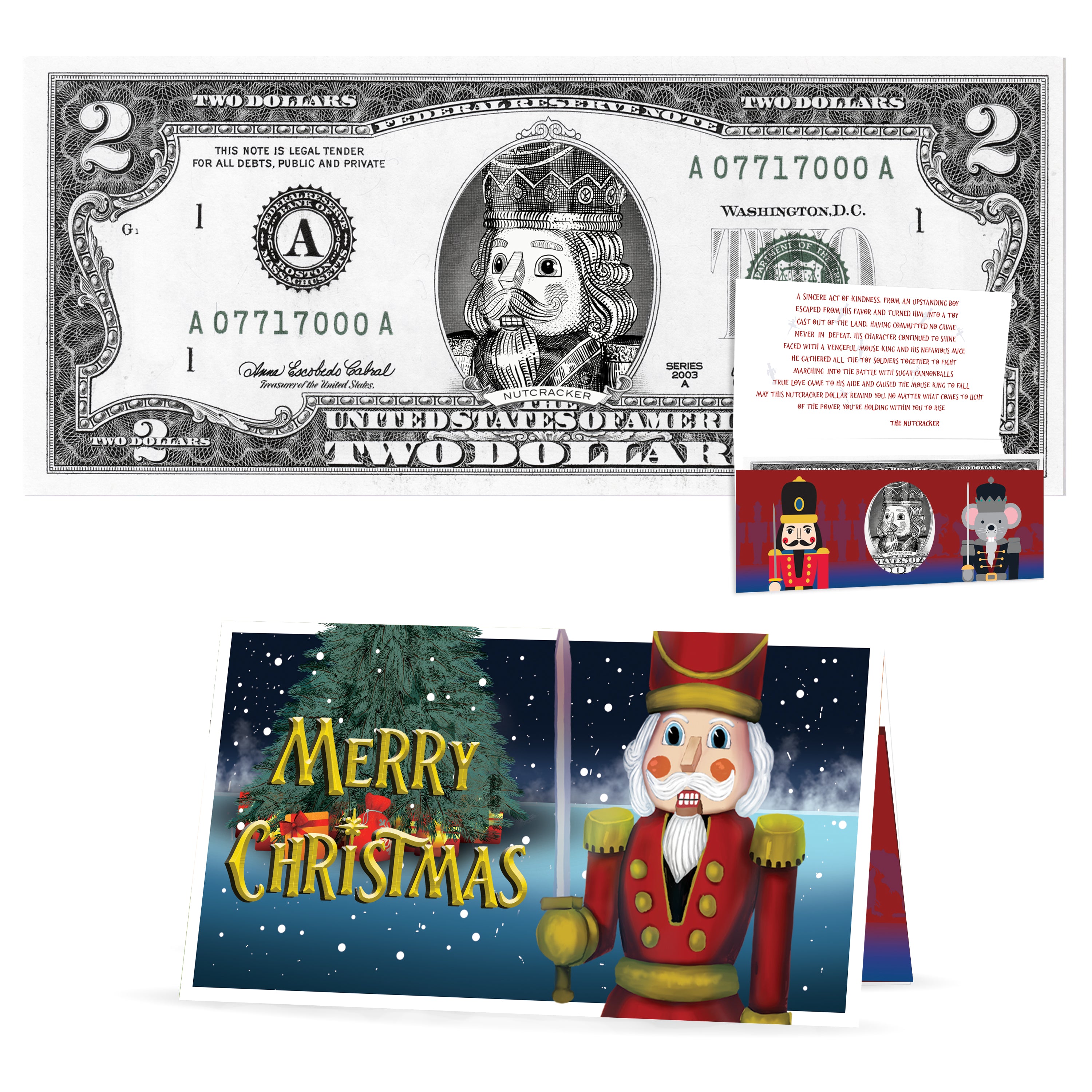 Nutcracker 2.0 USD Dollar Bill. Perfect Stocking Stuffer Complete Gift Christmas Gift Package with Holiday Greeting Card.