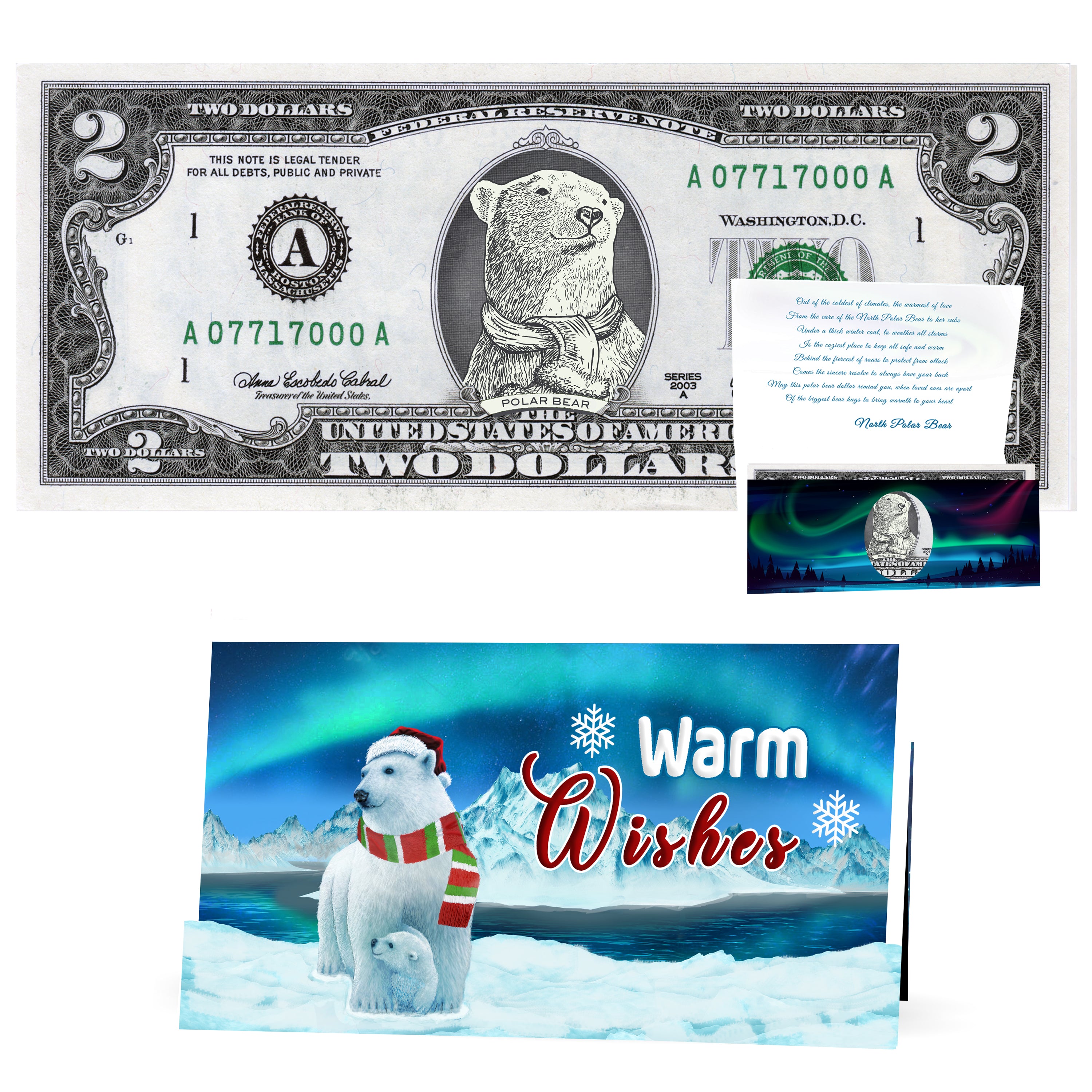 North Polar Bear 2.0 USD Dollar Bill Stocking Stuffer Complete Gift Christmas Gift Package with Holiday Greeting Card. Affordable Christmas Gift
