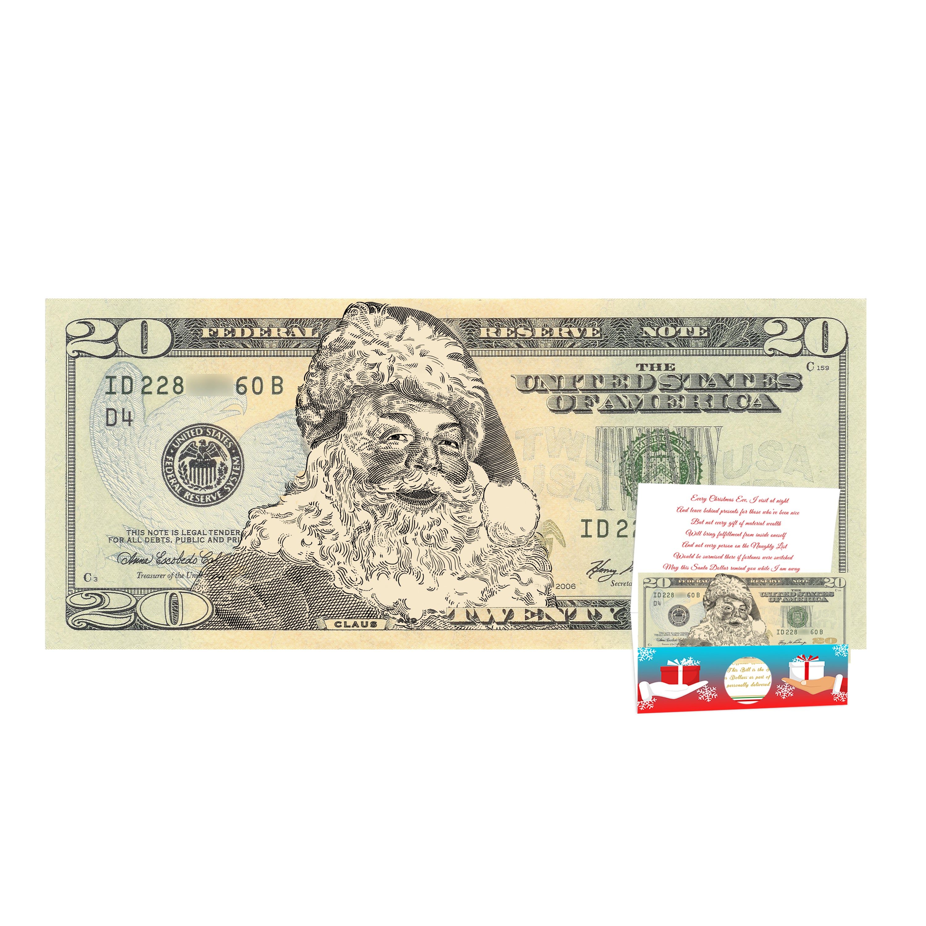The Official Santa Claus 20.0 Dollar Bill. Real USD. Bankable and Spendable. Complete Santa Gift and Card