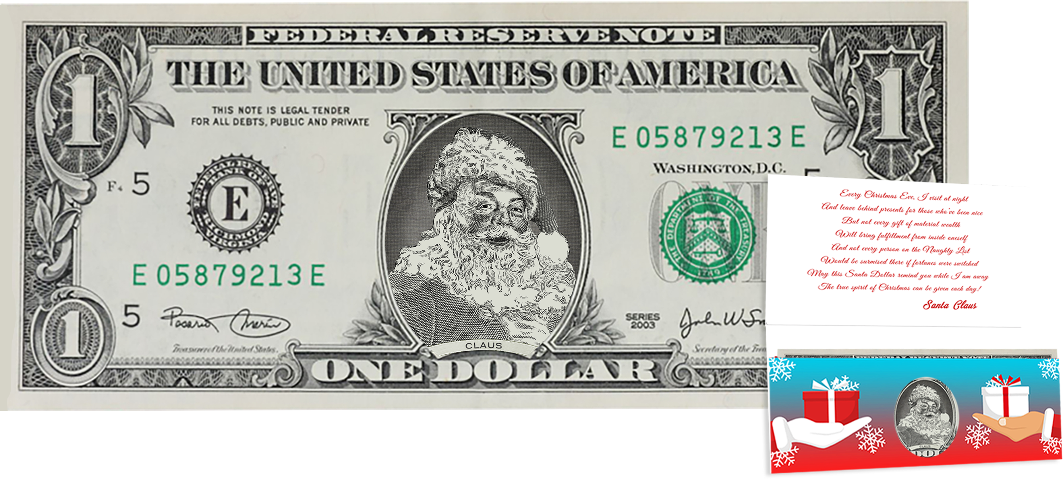 The Official Santa Claus Dollar Bill. Santa Dollar $1: Give the Gift of Christmas Giving. Real USD. Bankable and Spendable.