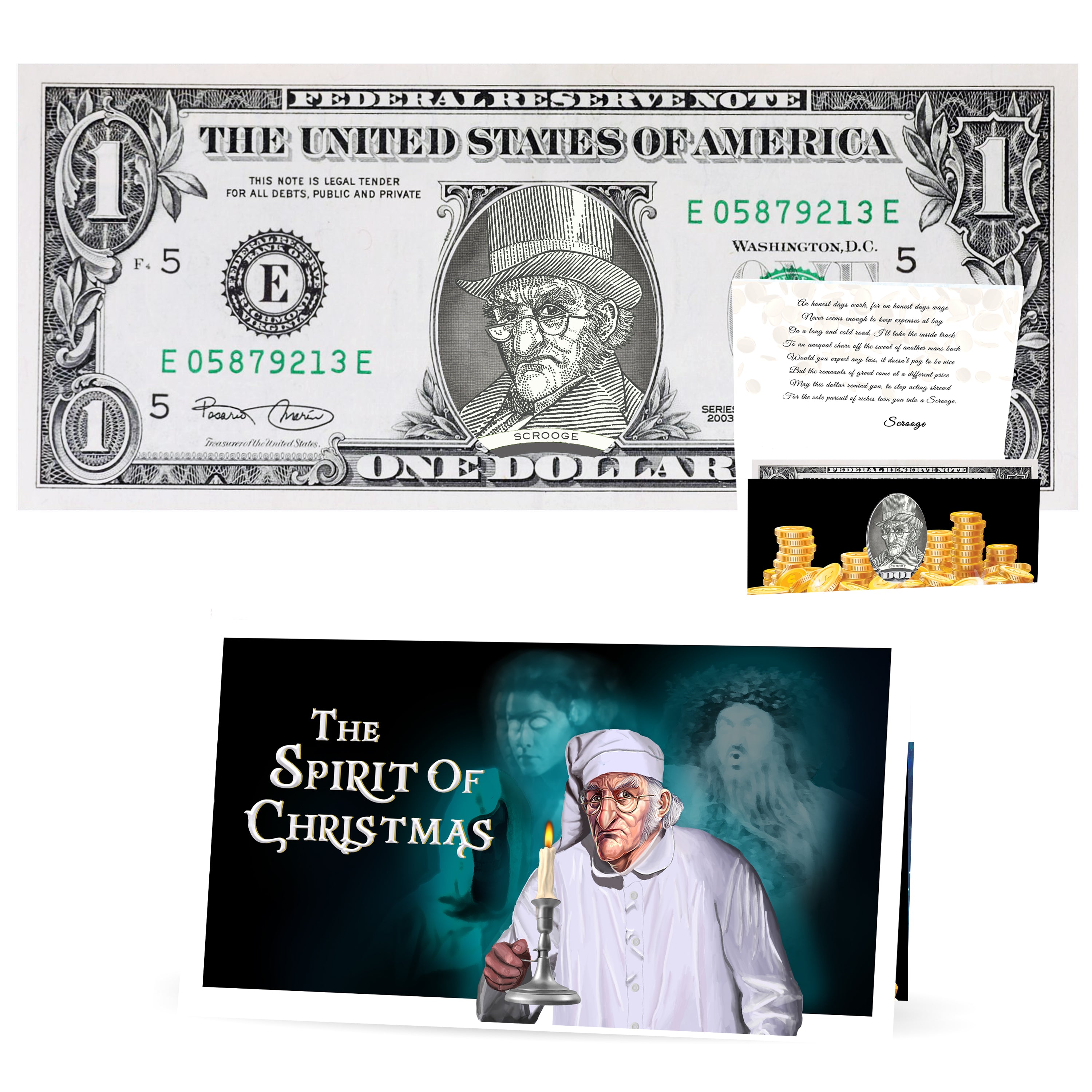 Scrooge Dollar Bill Stocking Stuffer Complete Gift Christmas Gift Package with Holiday Greeting Card. Affordable Christmas Gift