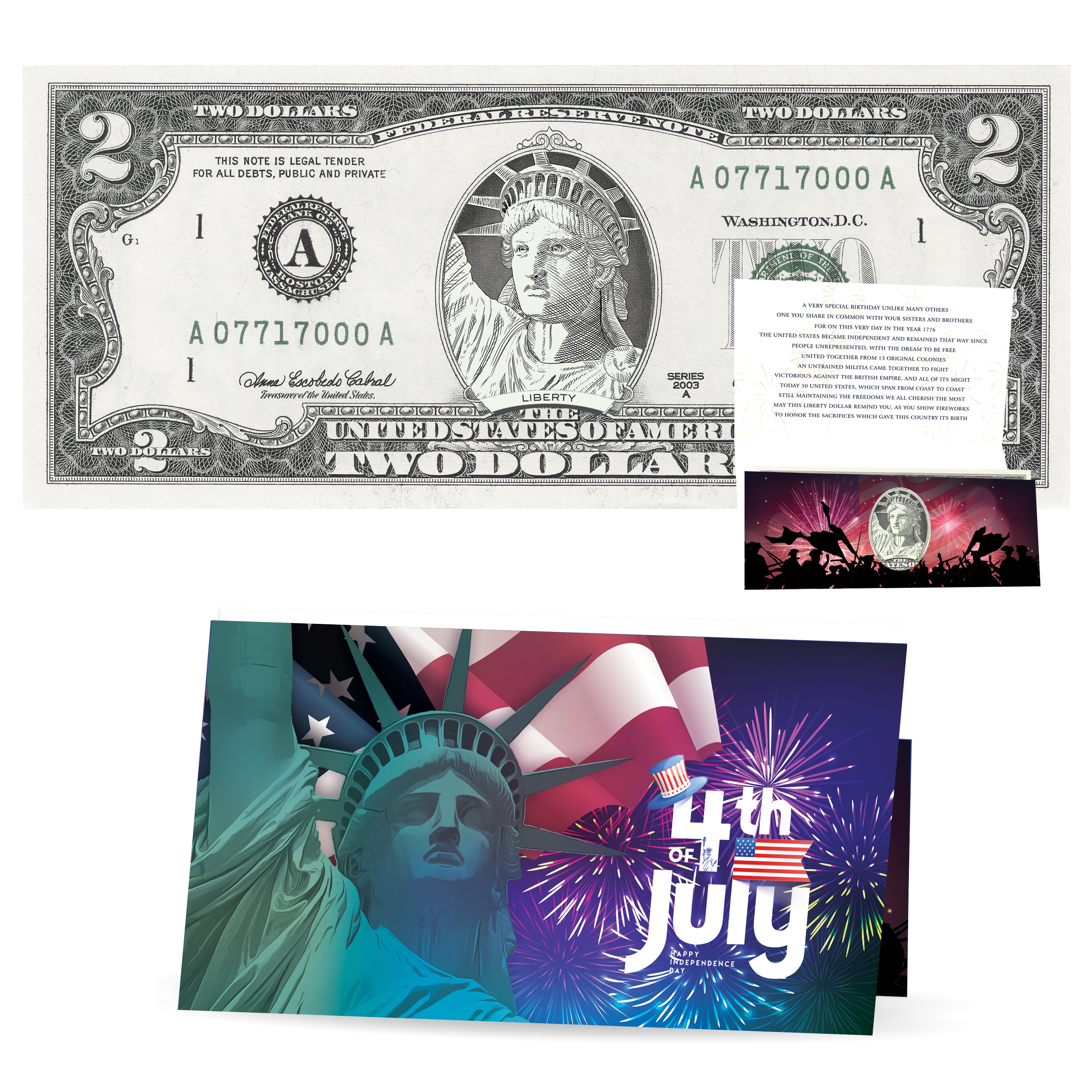 Statue of Liberty 4th of July 2.0 Dollar Bill. Genuine 2.0 USD! Comes with 4th of July Card and Currency Holder