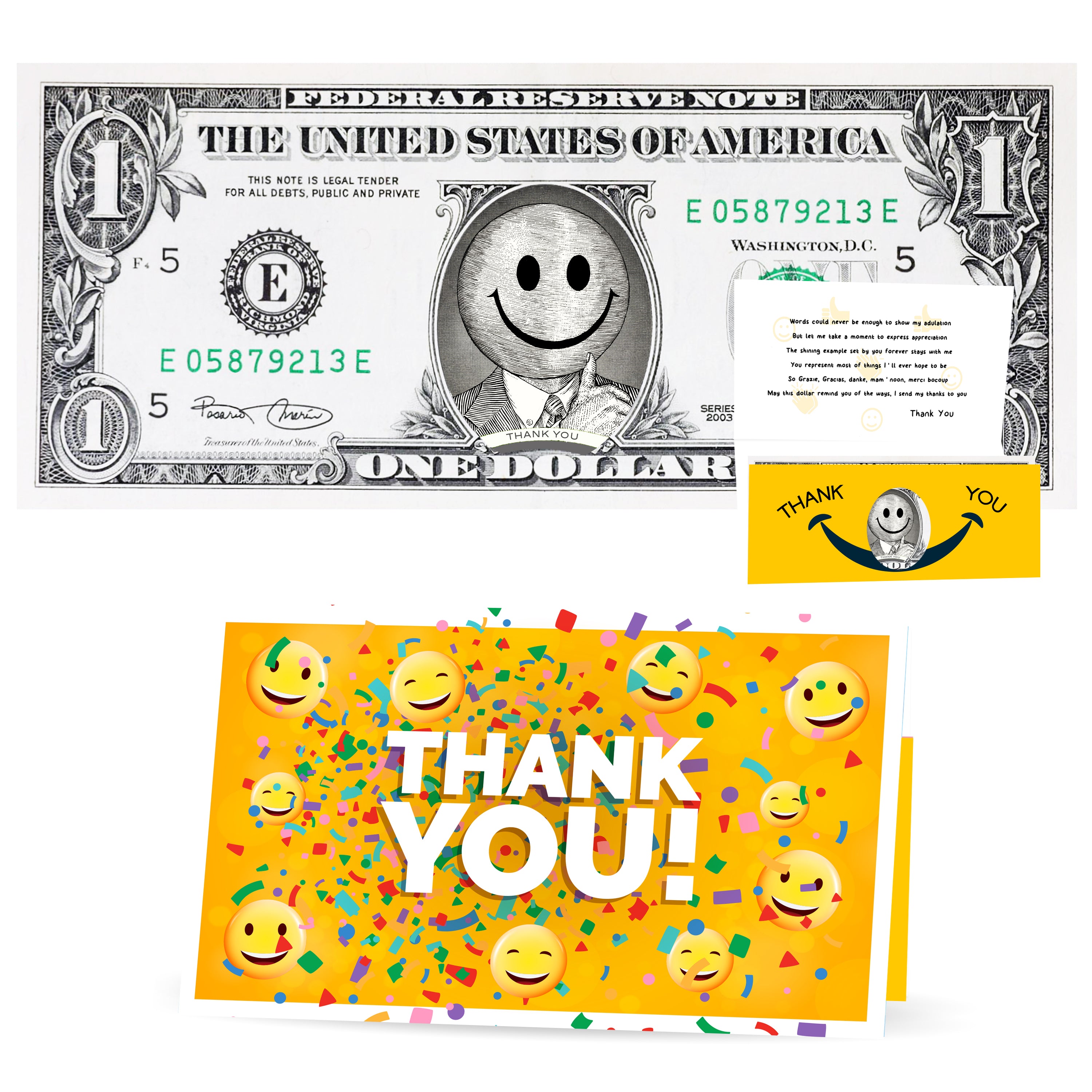 Thank You Greeting Card and Official Dollar. Real 1.0 USD. Each Bill Comes with a Thank You, Currency Holder and Thank You Poem