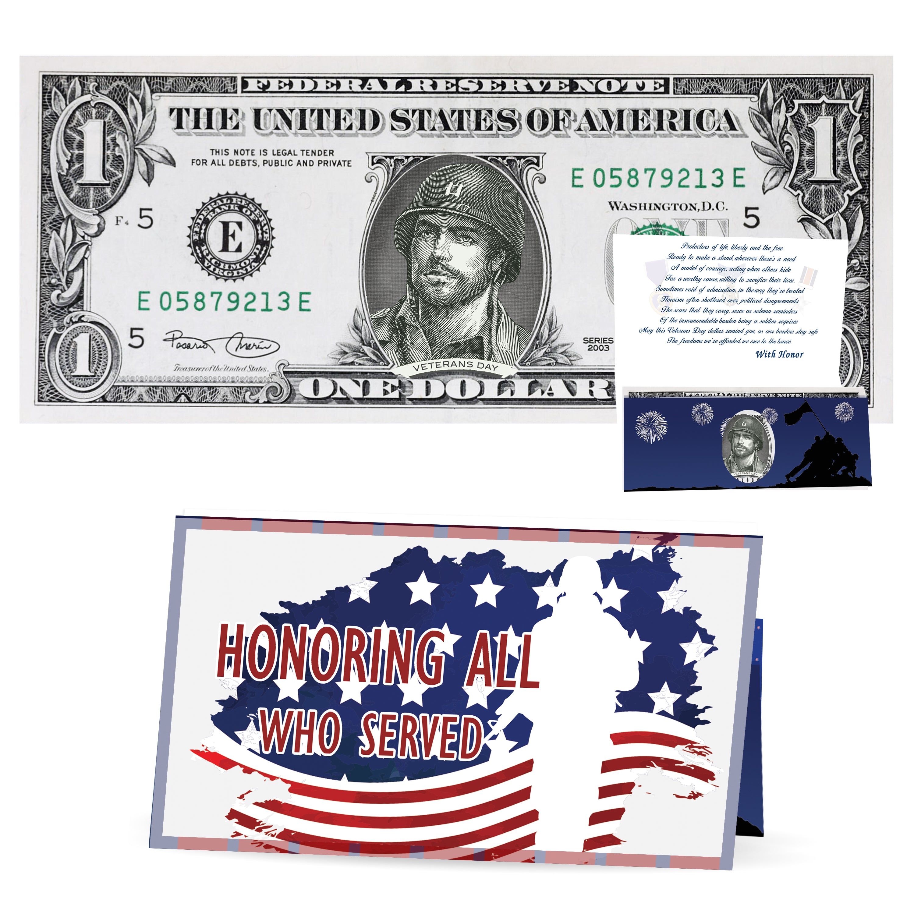Veterans Day Dollar Bill Real 1.0 USD Official Currency Card - Honor the Troops. Comes with Veterans Day Card, Currency Holder and Poem