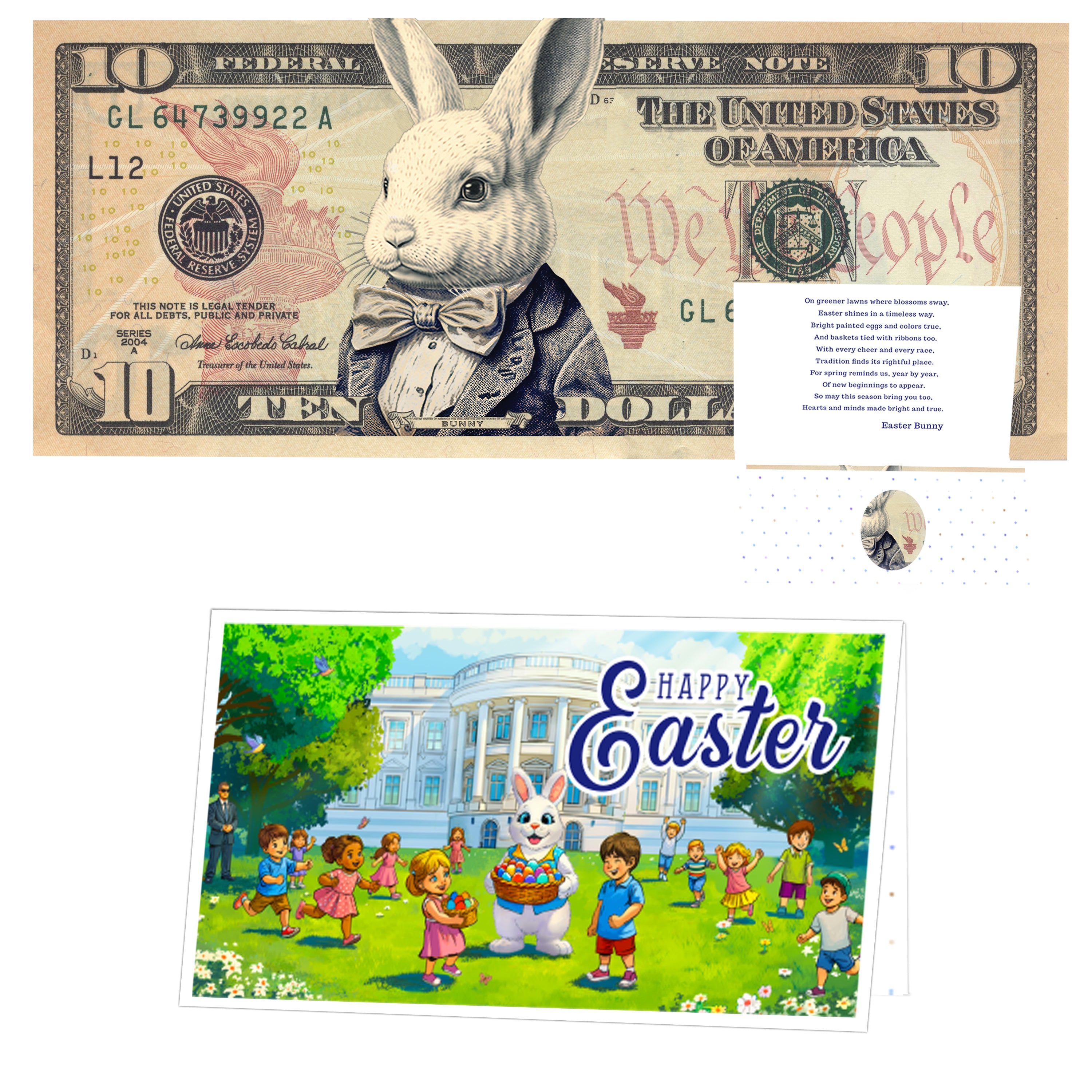 The Official Easter Bunny Dollar Bill with Easter Greeting Card Currency Holder. Real 10.0 USD. Bankable & Spendable. Easter Basket Stuffer/Filler. Bunny Bucks - Bunny Money