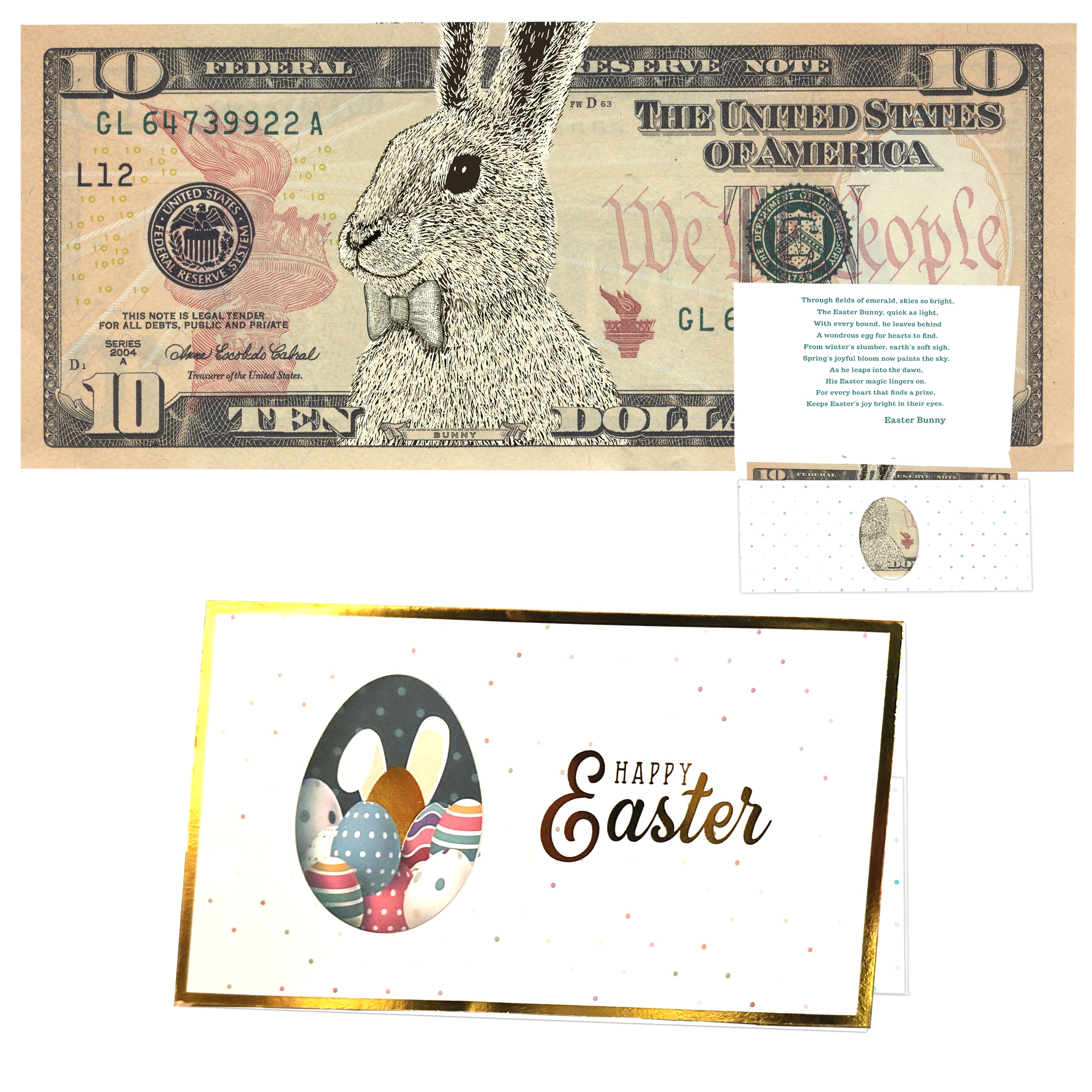 The Official Easter Bunny Dollar Bill with Easter Greeting Card Currency Holder. Real 10.0 USD. Bankable & Spendable. Easter Basket Stuffer/Filler. Bunny Bucks - Bunny Money