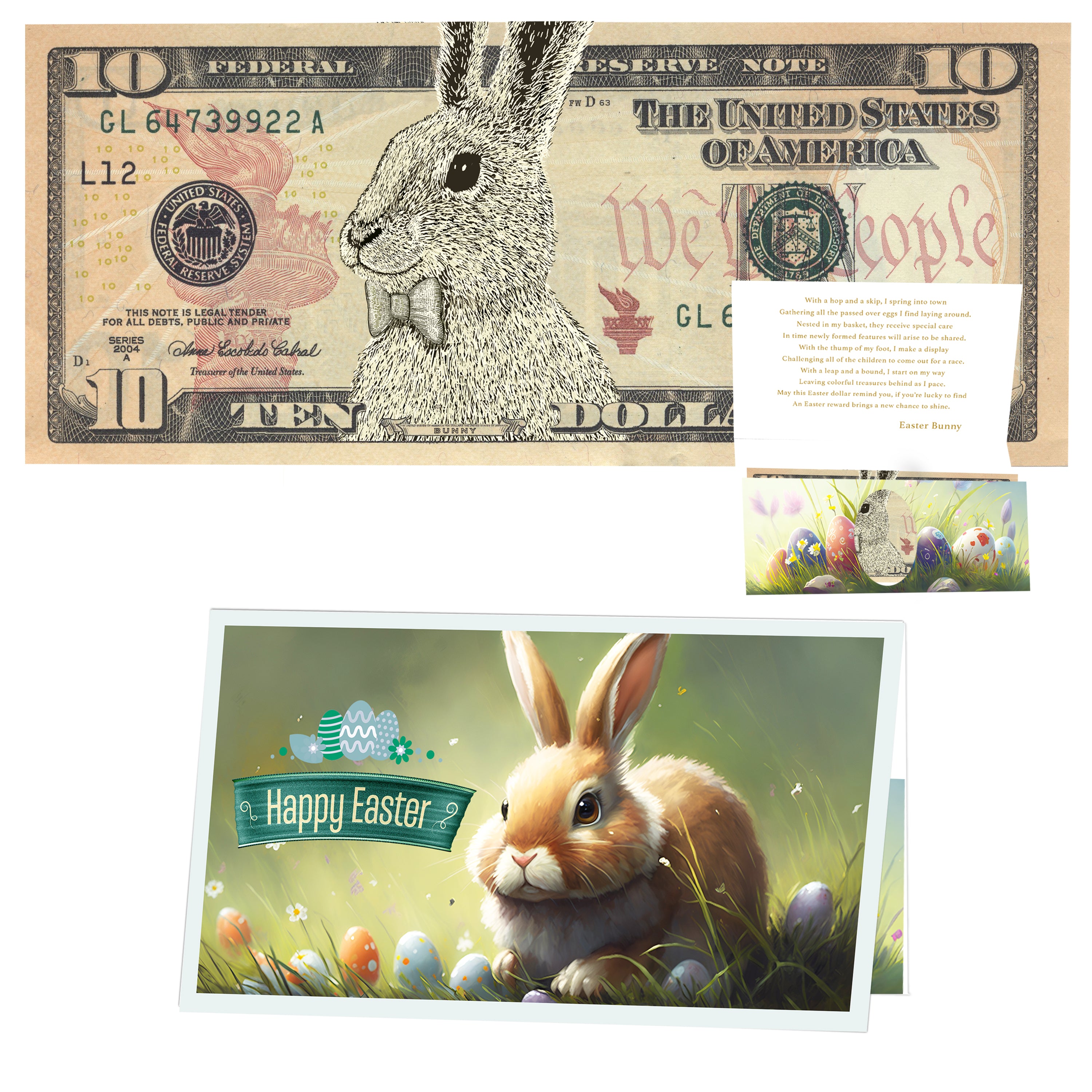 The Official Easter Bunny Dollar Bill with Easter Greeting Card Currency Holder. Real 10.0 USD. Bankable & Spendable. Easter Basket Stuffer/Filler. Bunny Bucks - Bunny Money