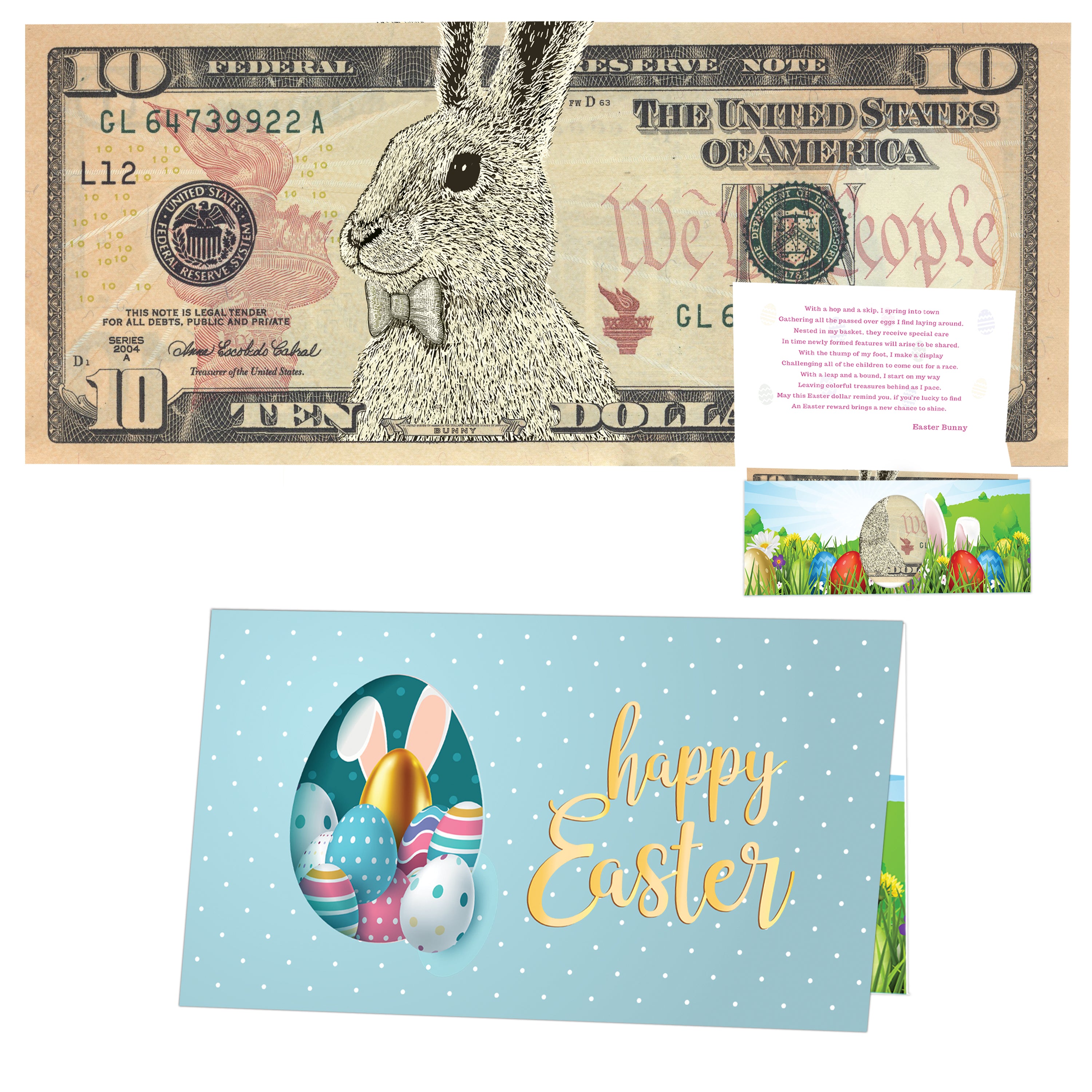 The Official Easter Bunny Dollar Bill with Easter Greeting Card Currency Holder. Real 10.0 USD. Bankable & Spendable. Easter Basket Stuffer/Filler. Bunny Bucks - Bunny Money
