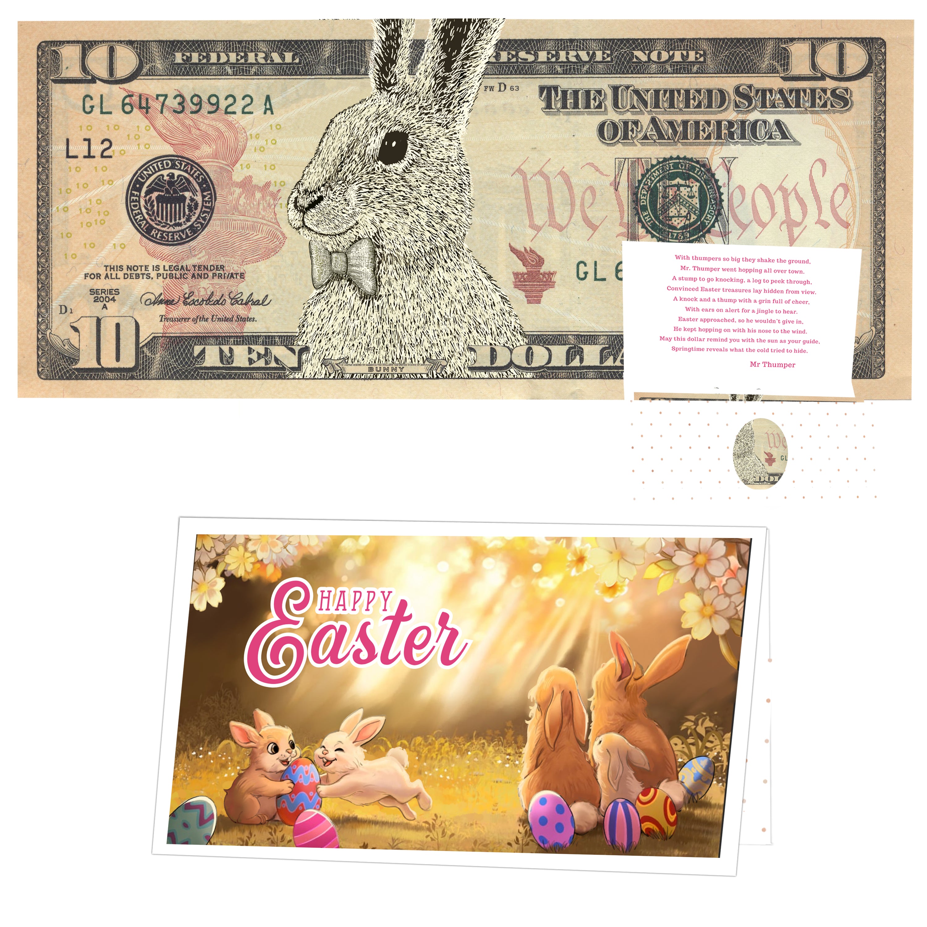The Official Easter Bunny Dollar Bill with Easter Greeting Card Currency Holder. Real 10.0 USD. Bankable & Spendable. Easter Basket Stuffer/Filler. Bunny Bucks - Bunny Money