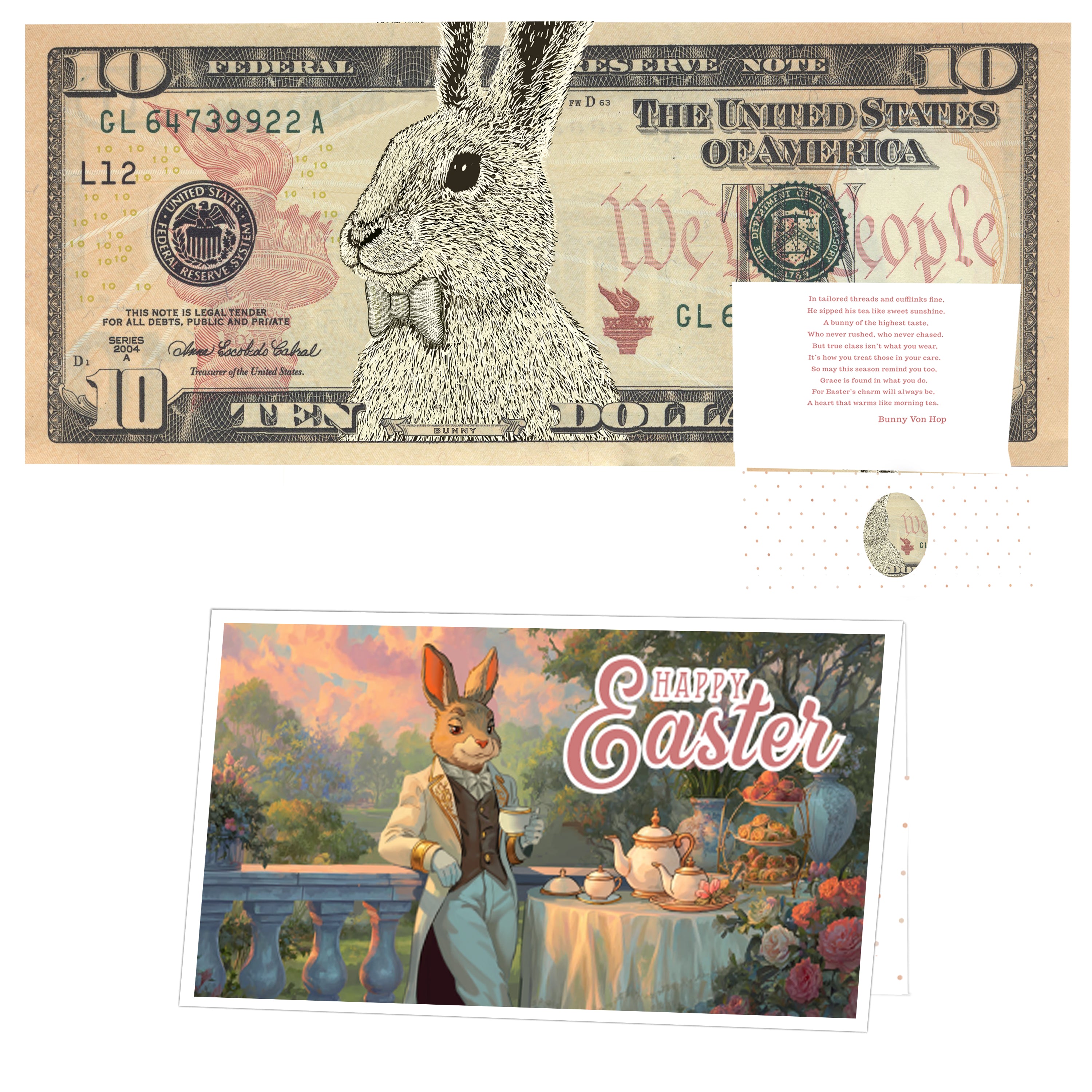 The Official Easter Bunny Dollar Bill with Easter Greeting Card Currency Holder. Real 10.0 USD. Bankable & Spendable. Easter Basket Stuffer/Filler. Bunny Bucks - Bunny Money