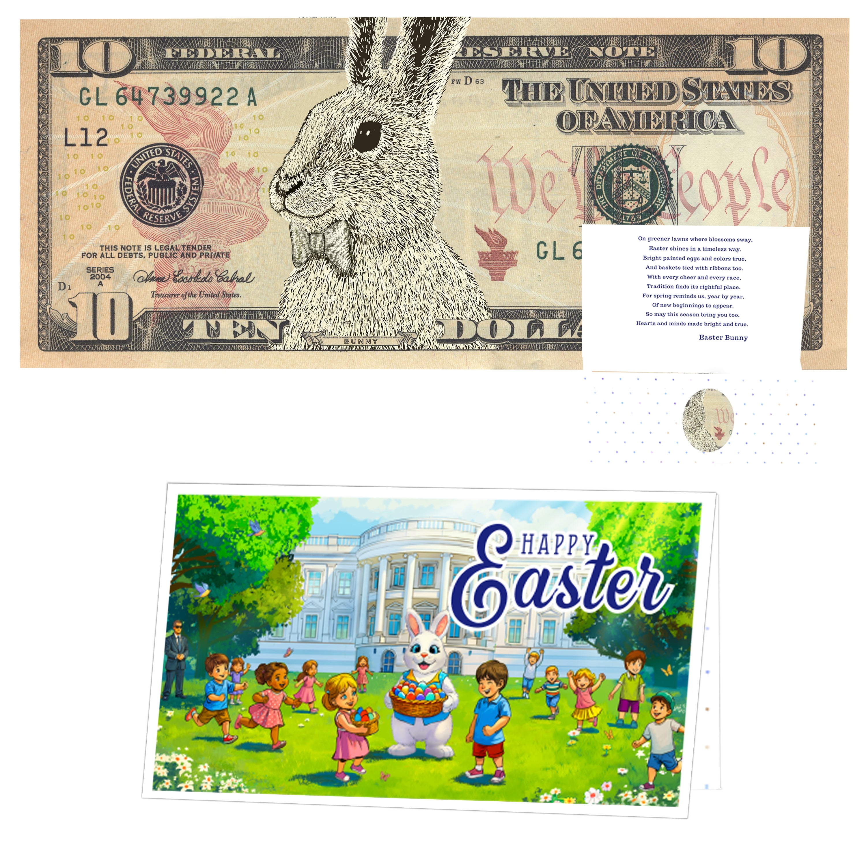 The Official Easter Bunny Dollar Bill with Easter Greeting Card Currency Holder. Real 10.0 USD. Bankable & Spendable. Easter Basket Stuffer/Filler. Bunny Bucks - Bunny Money