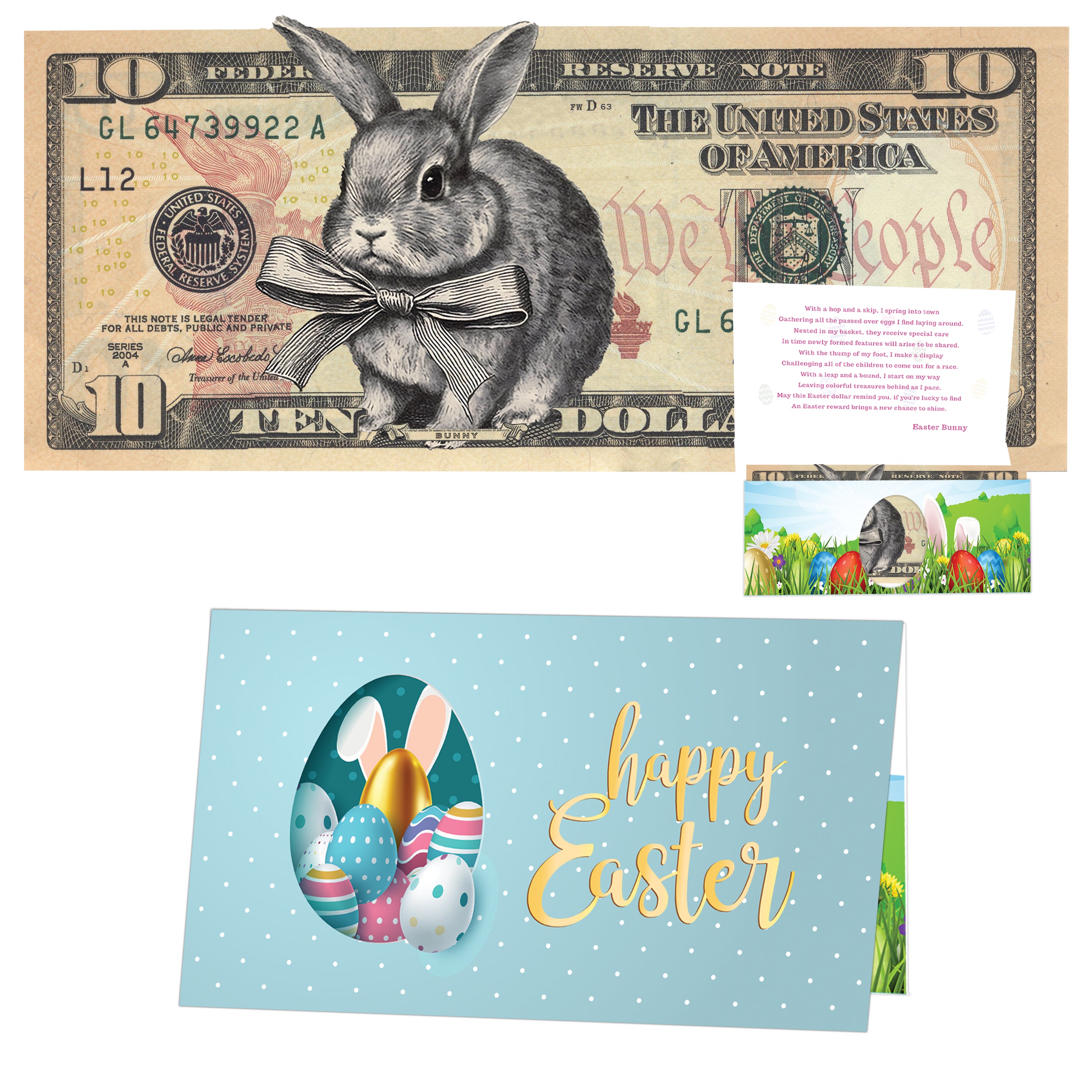 The Official Easter Bunny Dollar Bill with Easter Greeting Card Currency Holder. Real 10.0 USD. Bankable & Spendable. Easter Basket Stuffer/Filler. Bunny Bucks - Bunny Money