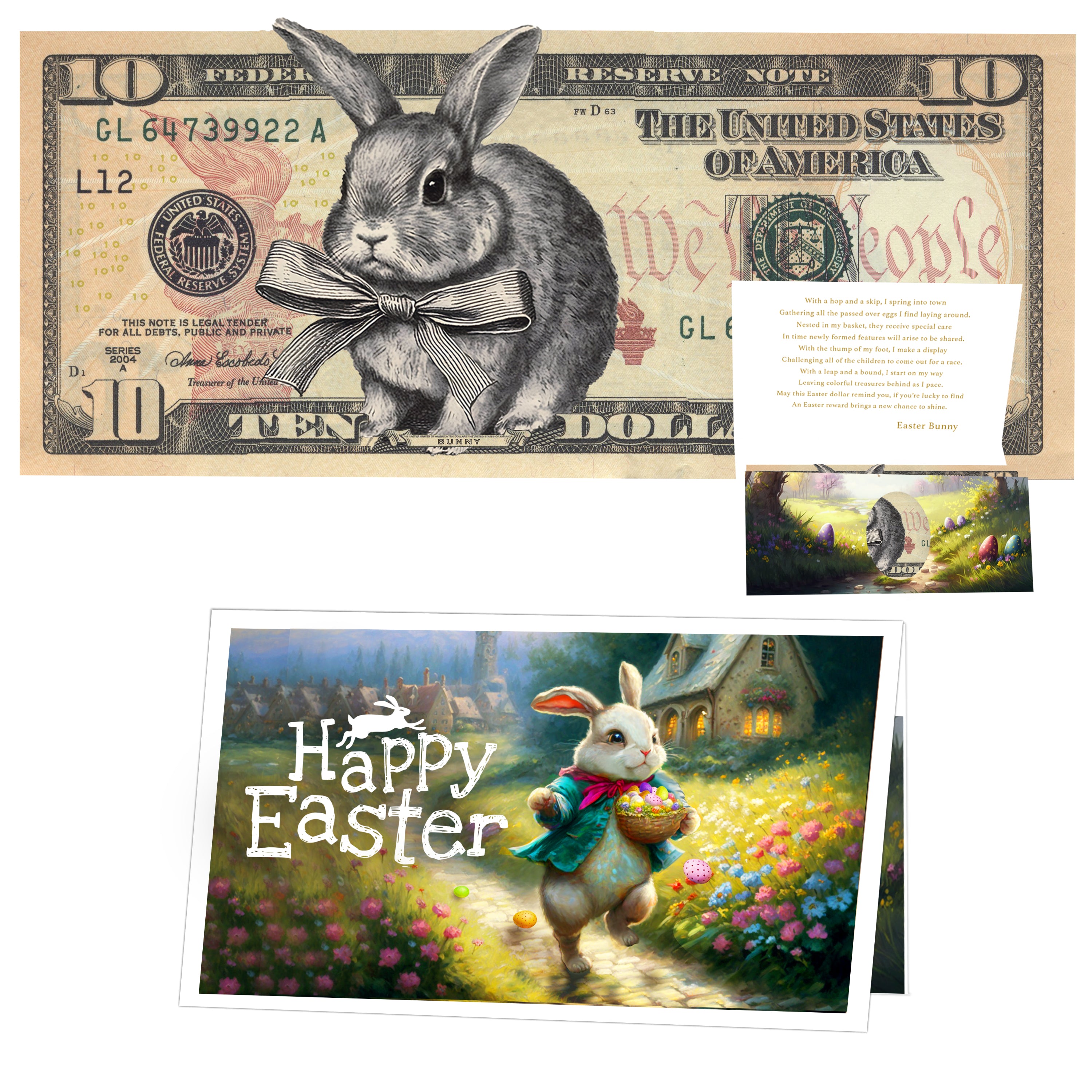 The Official Easter Bunny Dollar Bill with Easter Greeting Card Currency Holder. Real 10.0 USD. Bankable & Spendable. Easter Basket Stuffer/Filler. Bunny Bucks - Bunny Money
