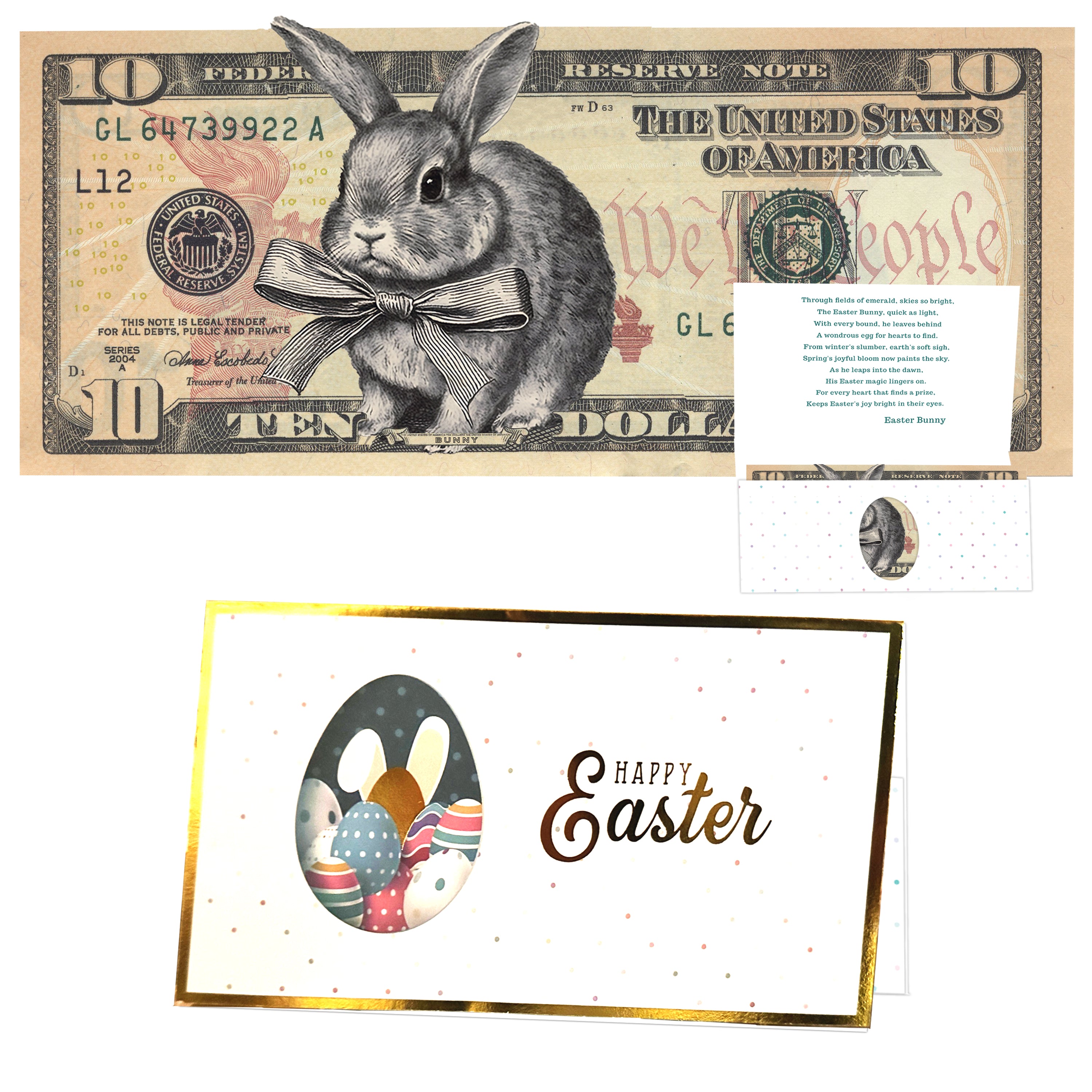 The Official Easter Bunny Dollar Bill with Easter Greeting Card Currency Holder. Real 10.0 USD. Bankable & Spendable. Easter Basket Stuffer/Filler. Bunny Bucks - Bunny Money