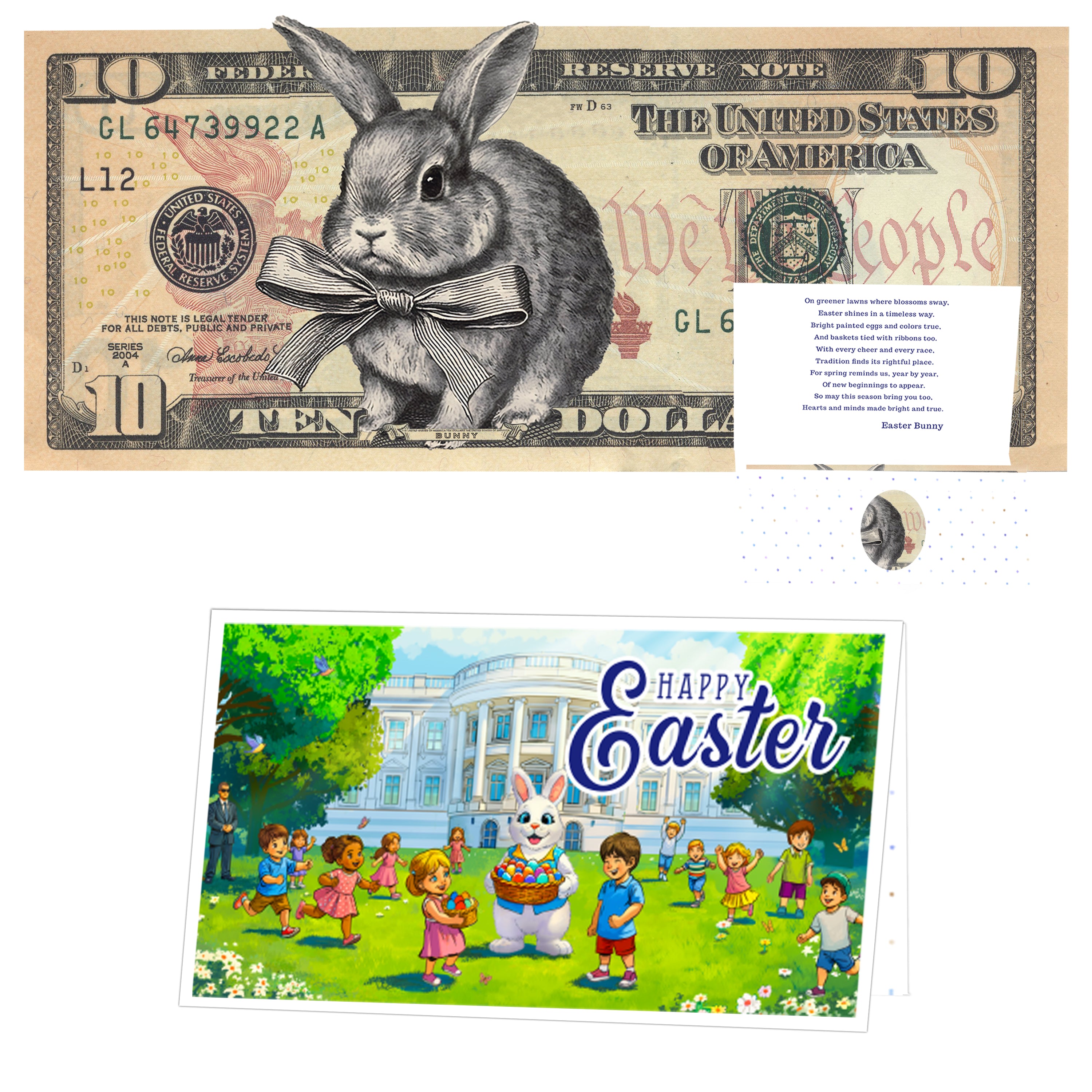 The Official Easter Bunny Dollar Bill with Easter Greeting Card Currency Holder. Real 10.0 USD. Bankable & Spendable. Easter Basket Stuffer/Filler. Bunny Bucks - Bunny Money