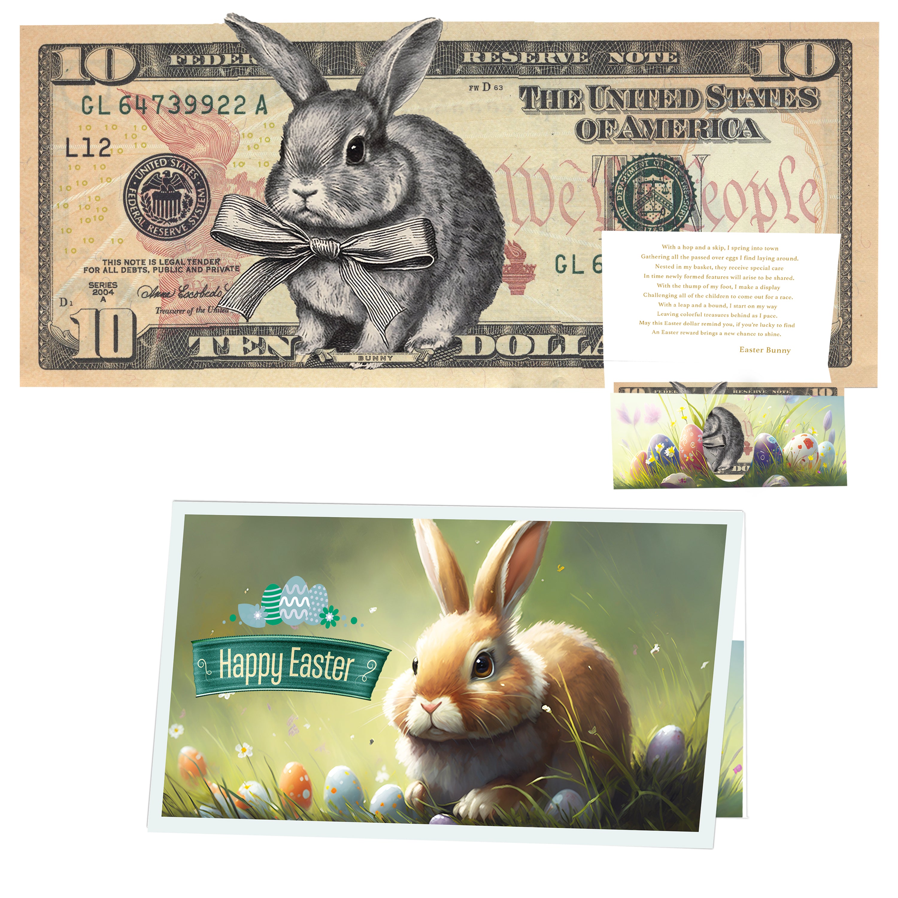 The Official Easter Bunny Dollar Bill with Easter Greeting Card Currency Holder. Real 10.0 USD. Bankable & Spendable. Easter Basket Stuffer/Filler. Bunny Bucks - Bunny Money